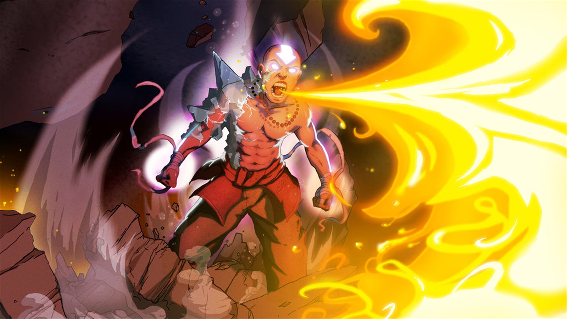 vertical wallpaper anime, avatar: the last airbender, aang (avatar), fire, glowing eyes, necklace, avatar (anime)