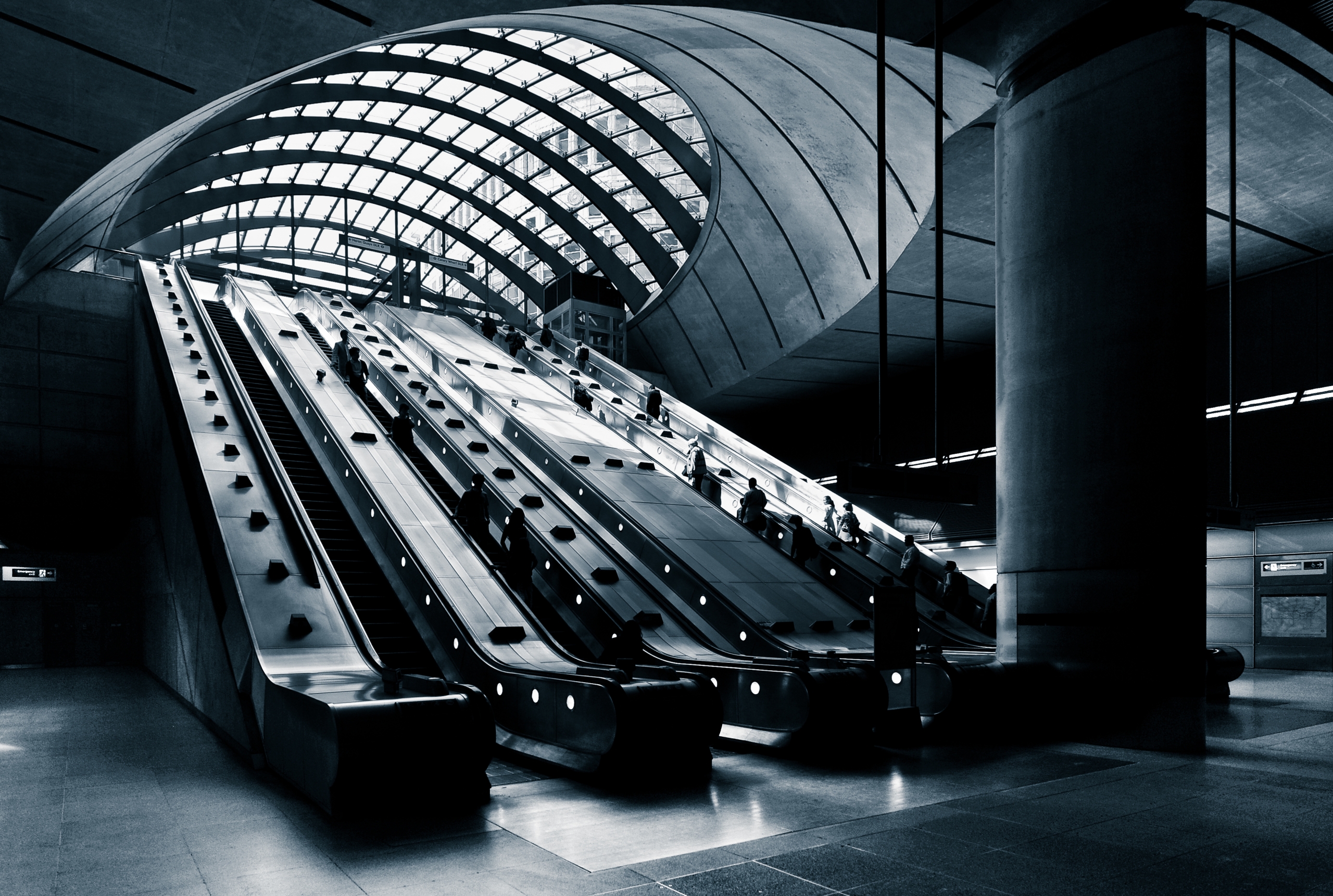 man made, escalator, black & white, people