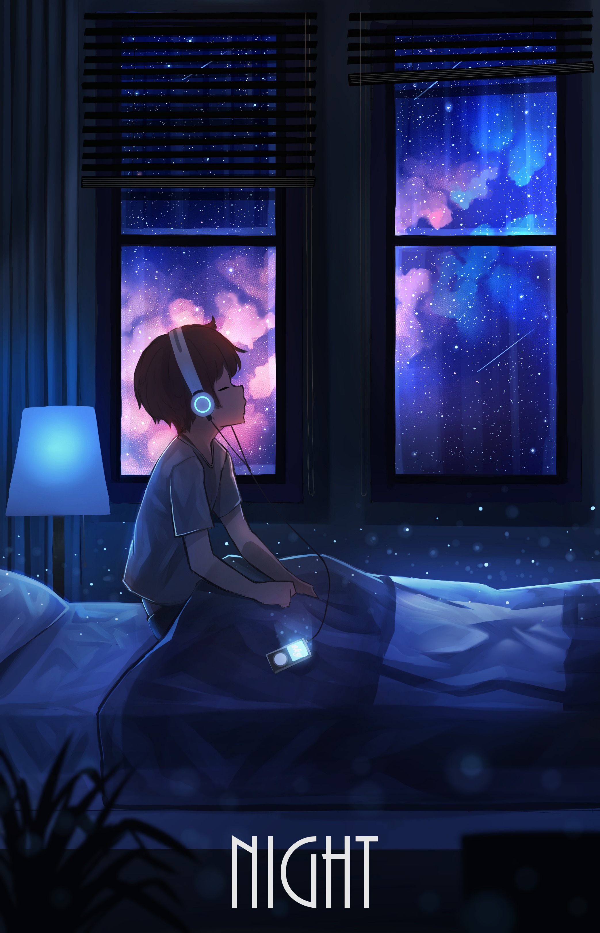 starry sky, headphones, boy, art, night