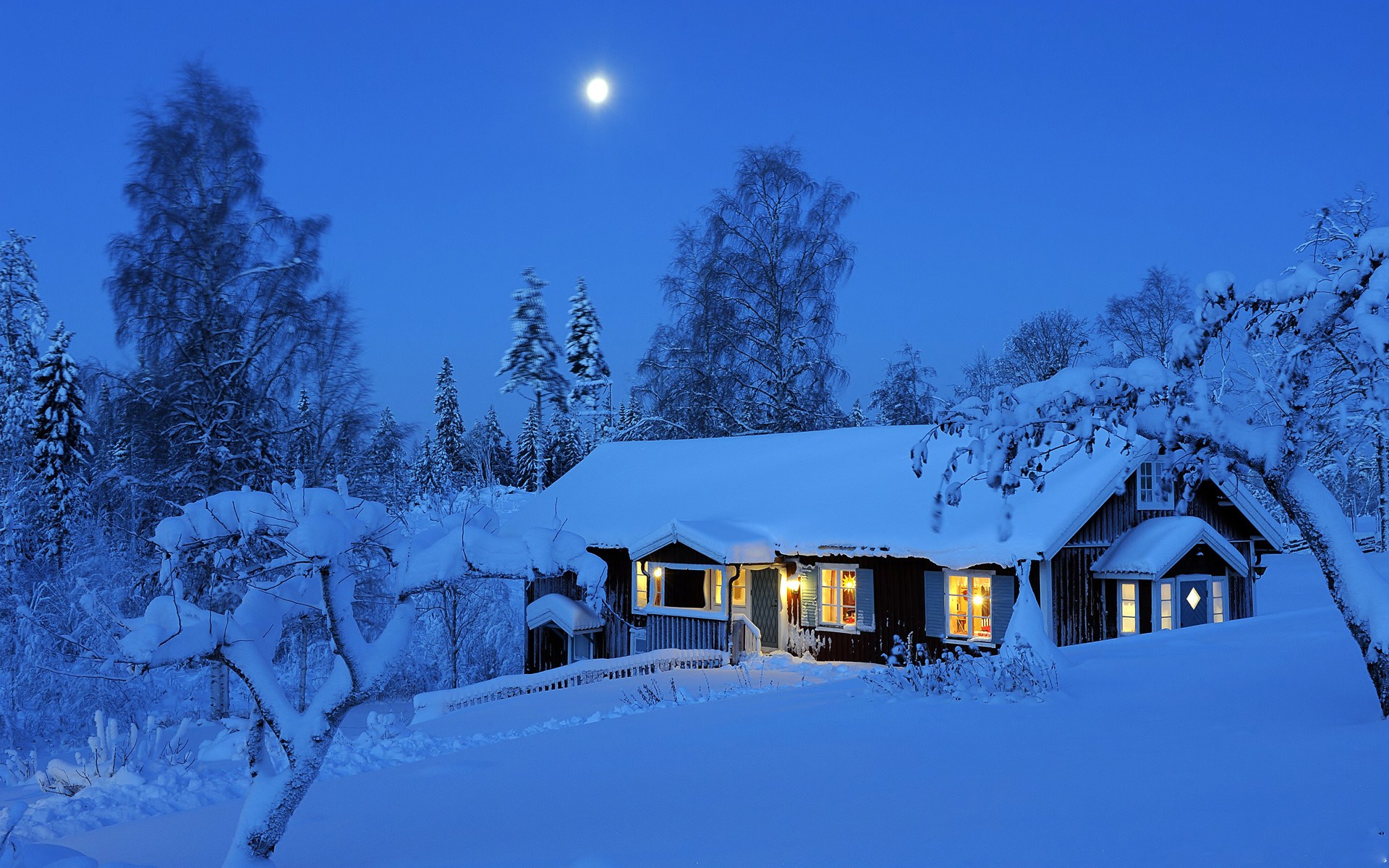 Windows Wallpaper Winter night, cabin, photography, snow