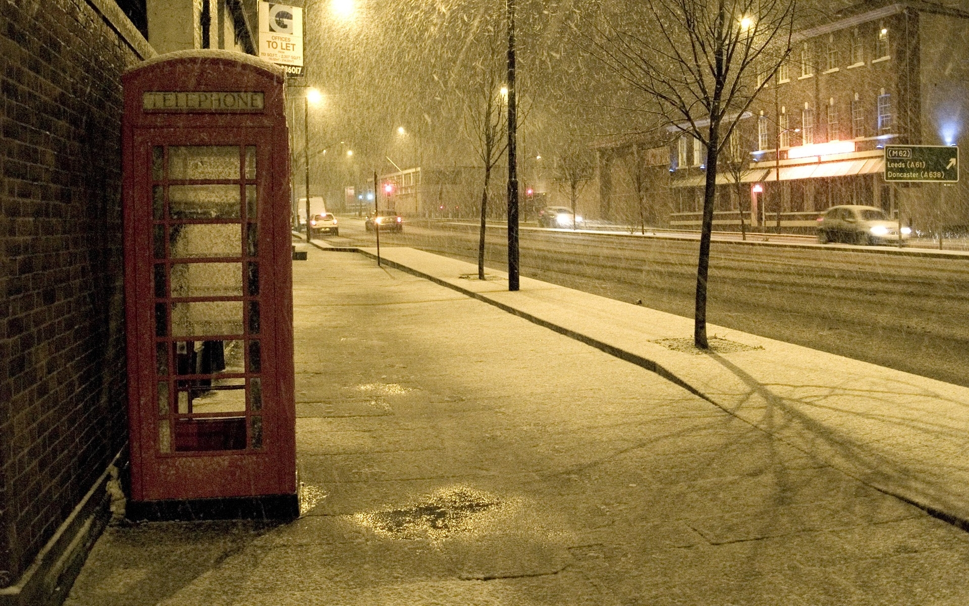 light, telephone booth, street, place Snow HQ Background Wallpapers