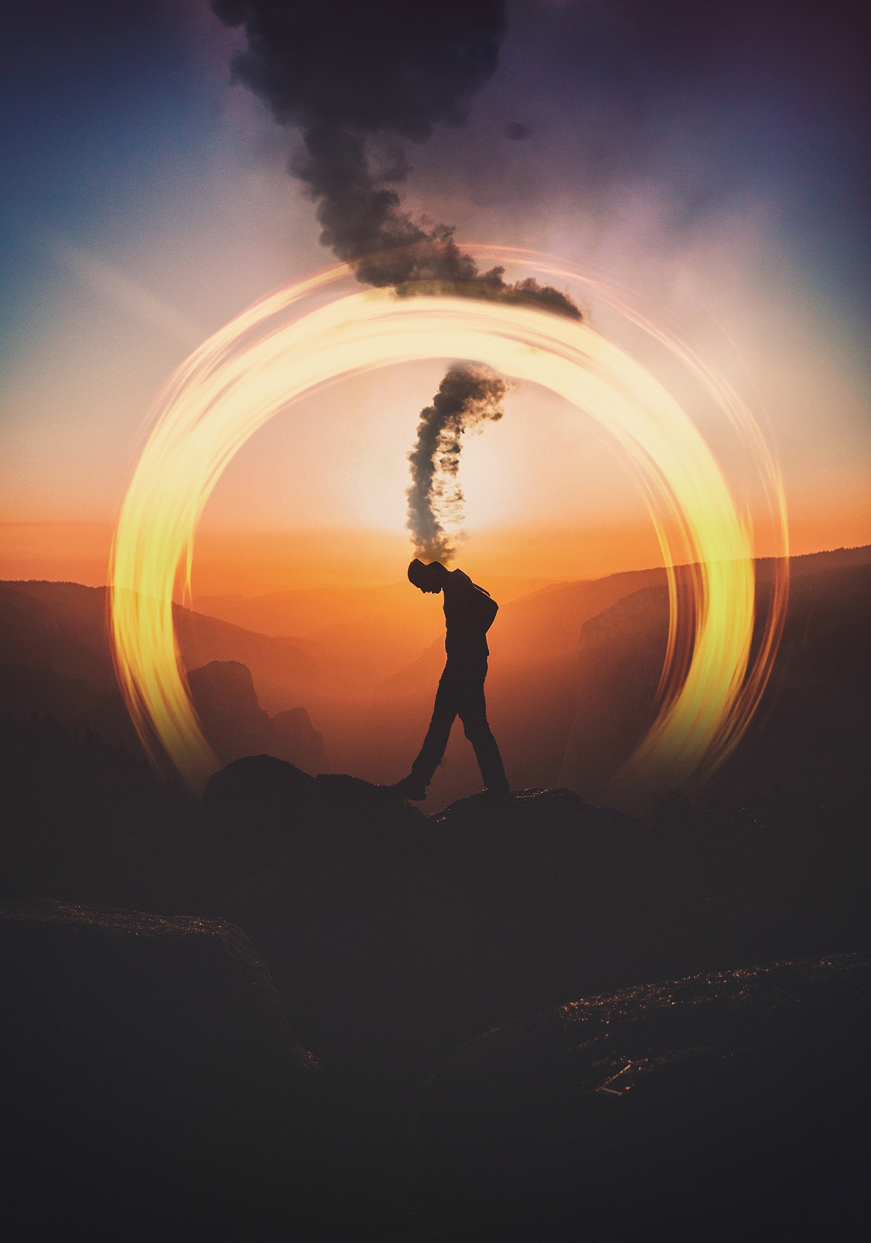 smoke, mountains, dark, silhouette, circle, thoughts for android