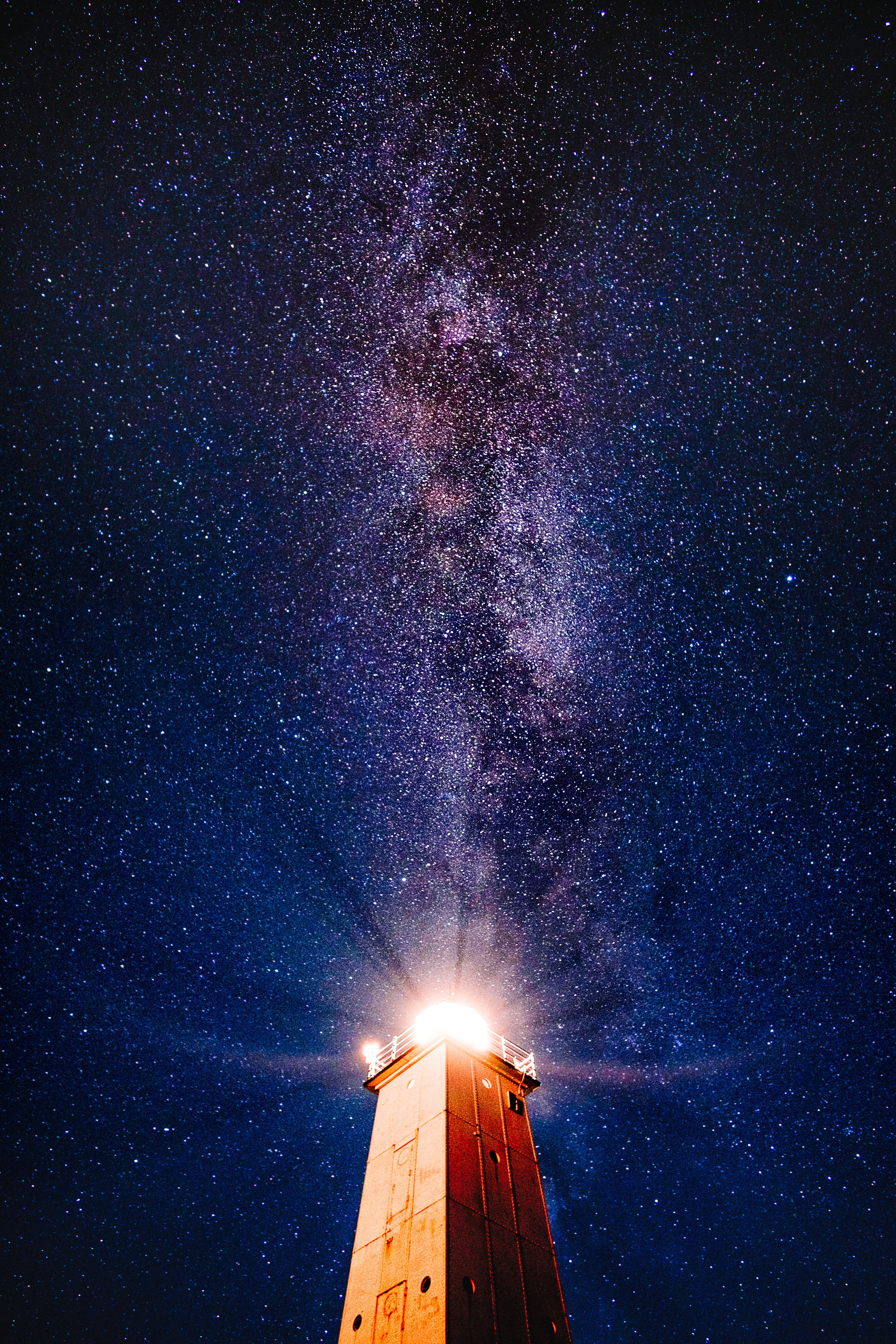 lighthouse, night, universe, shine, light, starry sky