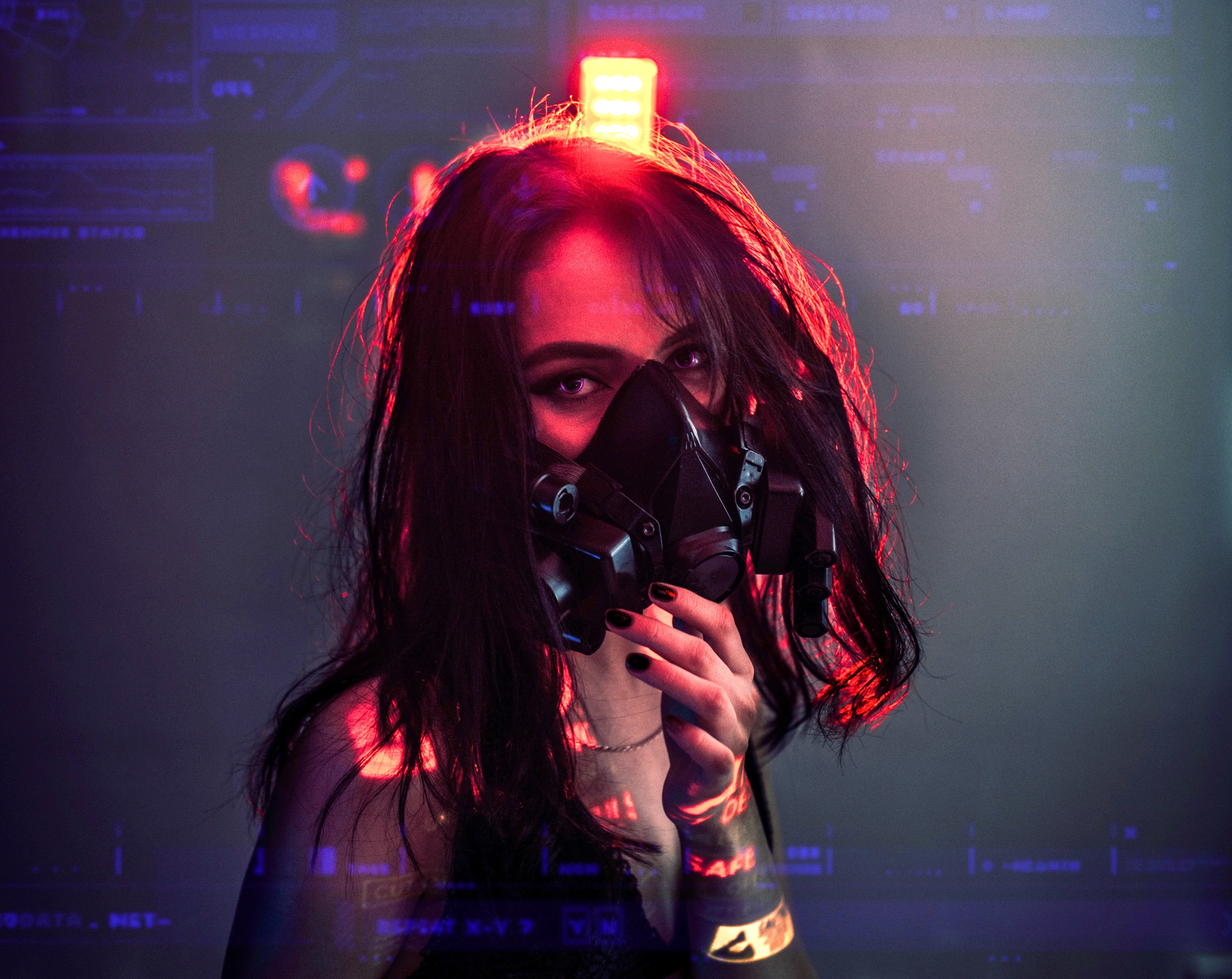 153615 download wallpaper cyberpunk, miscellanea, miscellaneous, girl, mask, respirator screensavers and pictures for free