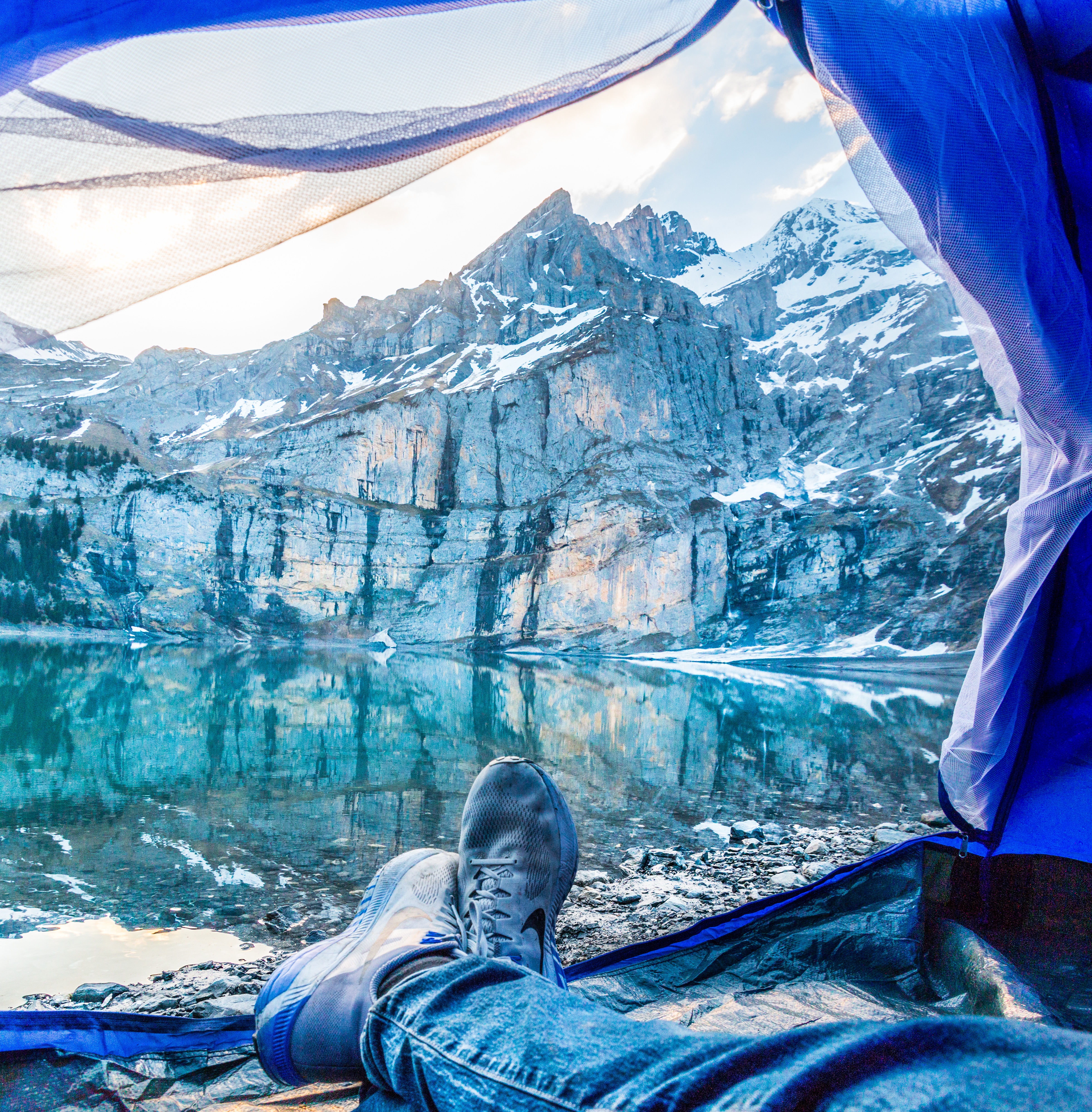 mountains, lake, miscellanea, miscellaneous, legs, tent, camping, campsite, tourism Phone Background