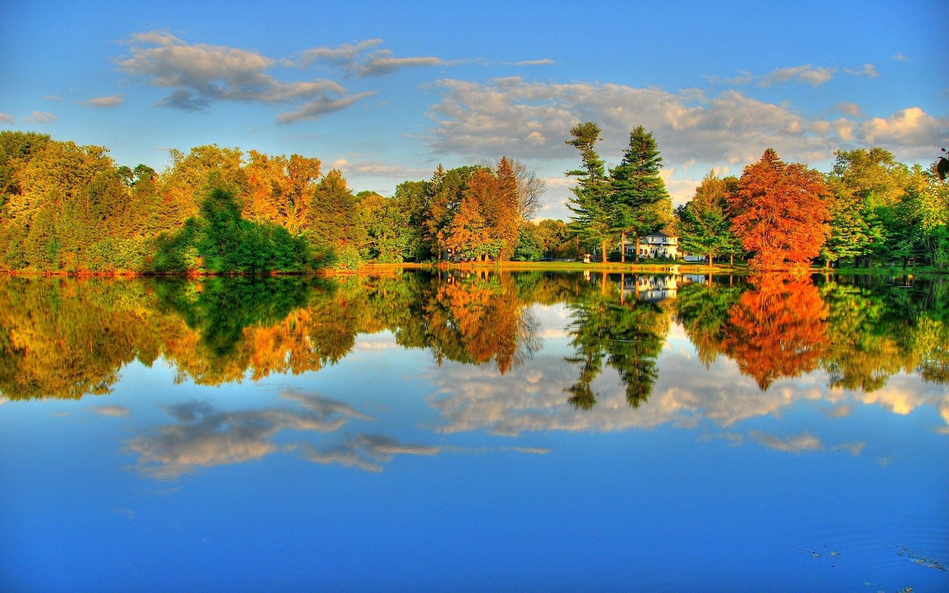 lake, nature, autumn, trees, reflection, bank, shore, house, colors, color wallpapers for tablet