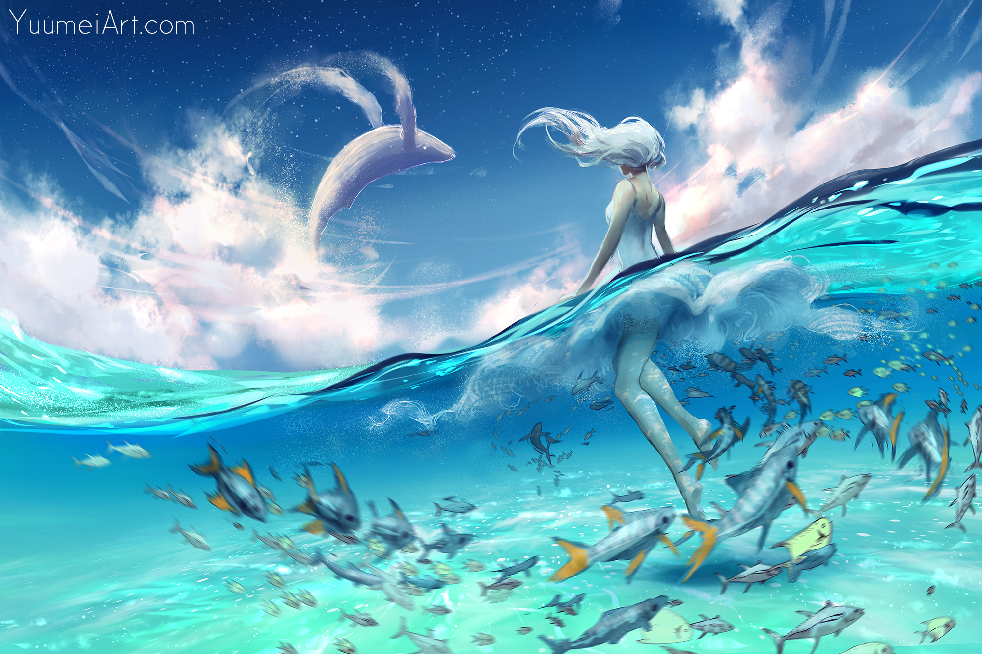 Удовольствие с дельфином. Художница yuumei. Под водой арт.