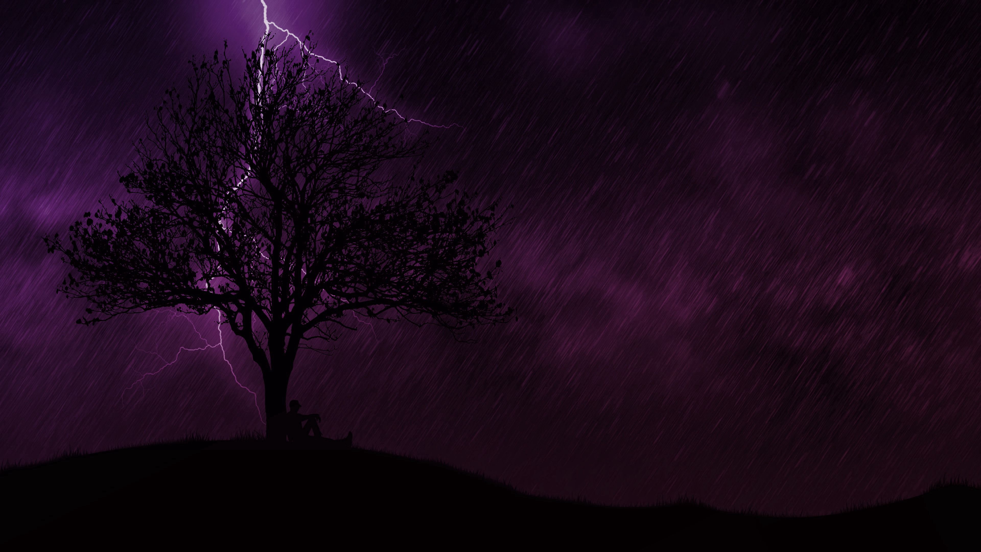 dark, night, wood, lightning, tree, loneliness, silhouette, rain wallpapers for tablet