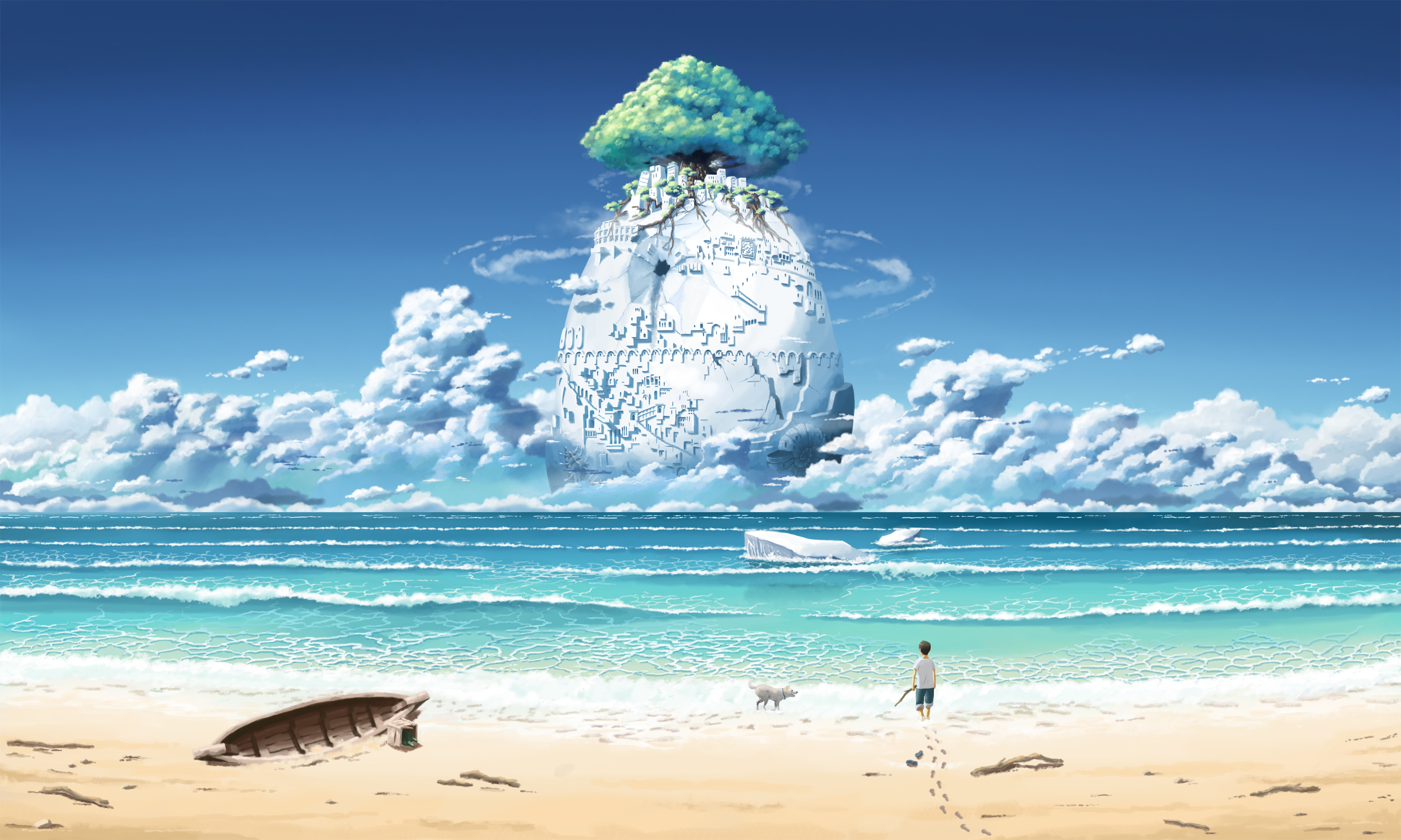 794586 завантажити шпалери пляж, хмара, вода, дерево, пес, аніме - заставки і картинки безкоштовно