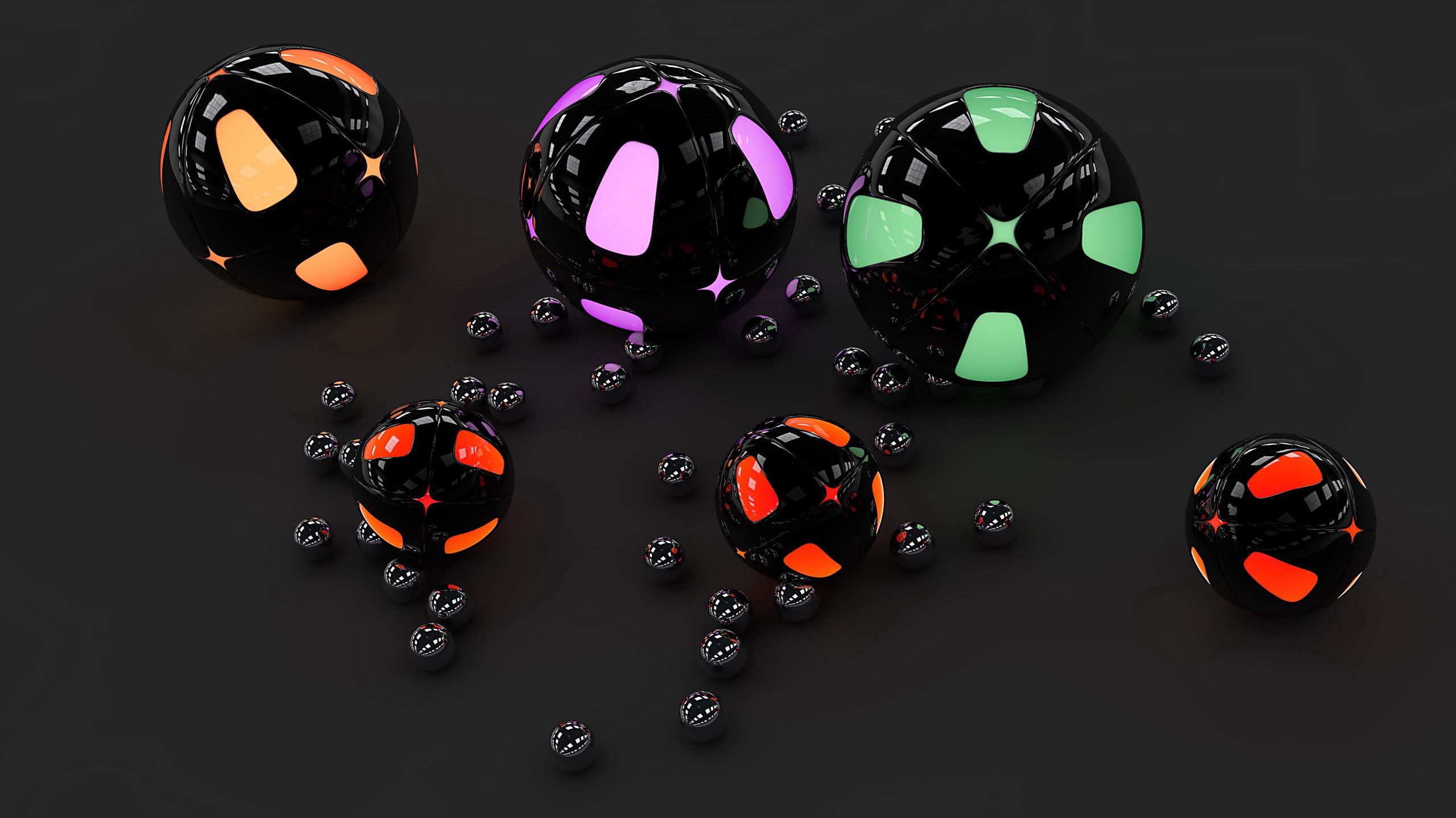 sphere, balls, 3d, neon, surface, backlight, illumination, spheres, gray background, grey background