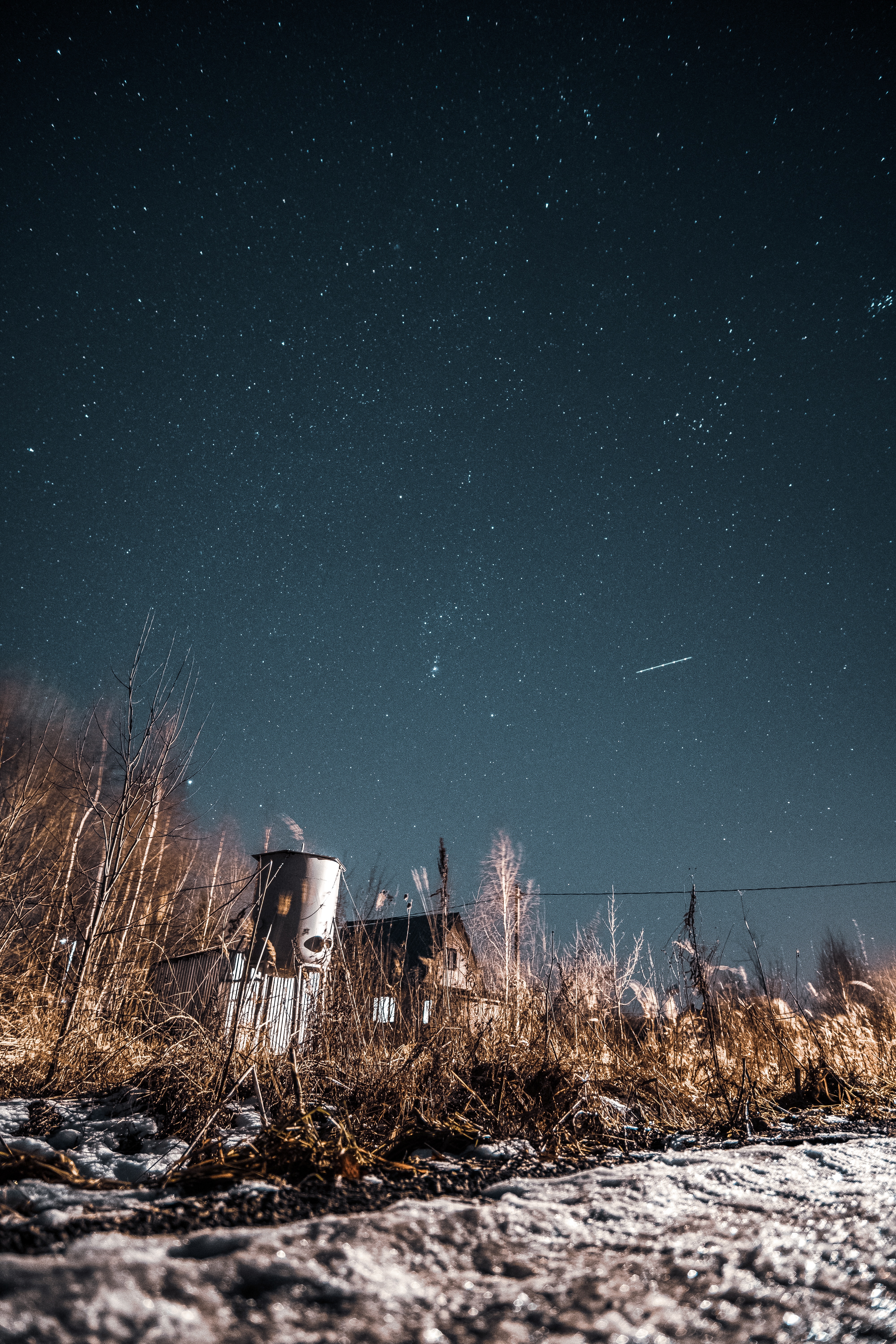 building, nature, night, bush, starry sky, abandoned, countryside Full HD