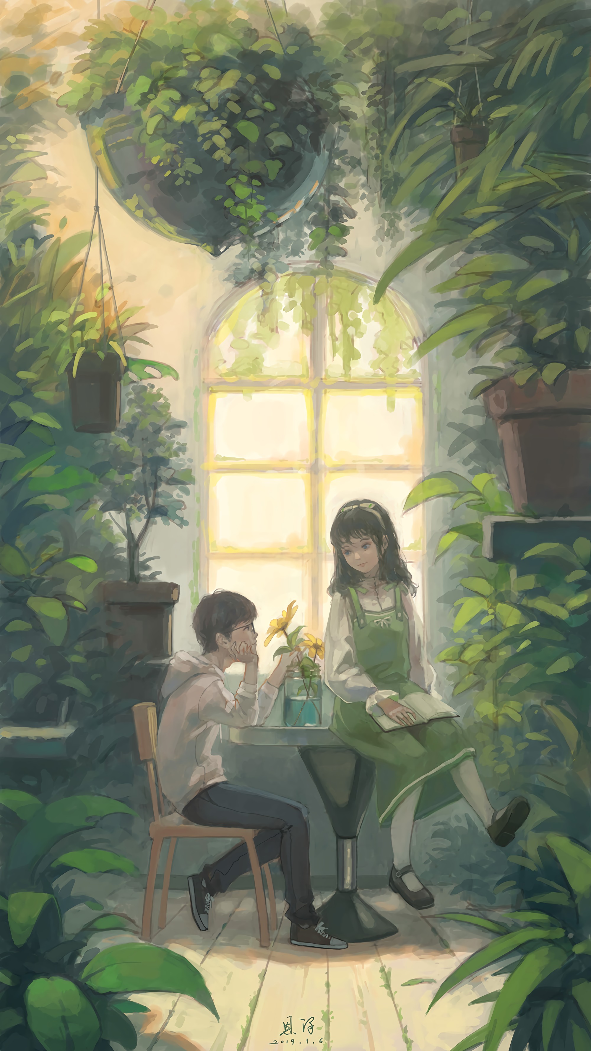 girl, flowers, guy, art, window, greenhouse lock screen backgrounds