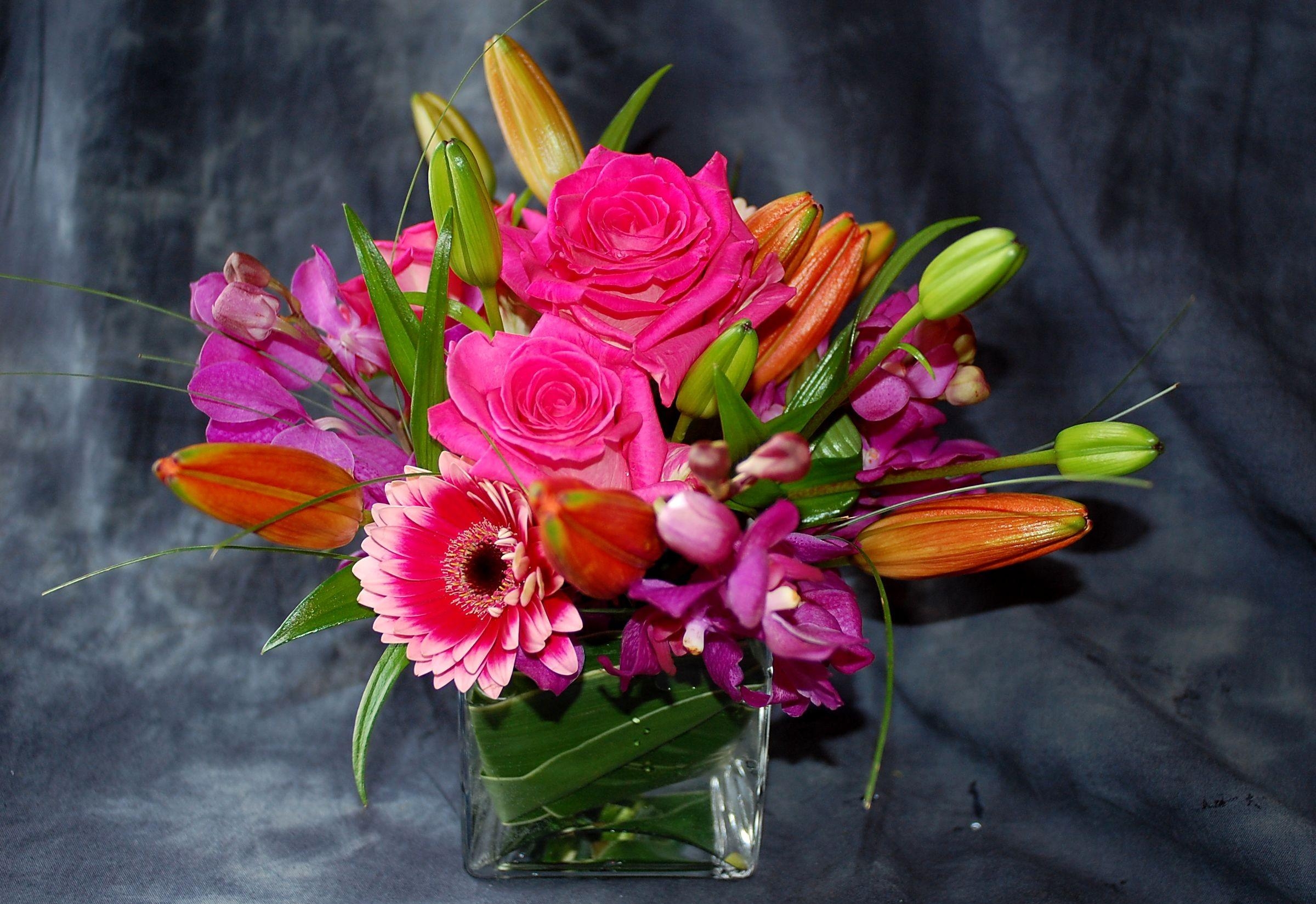 flowers, roses, gerberas, buds, composition, orchids