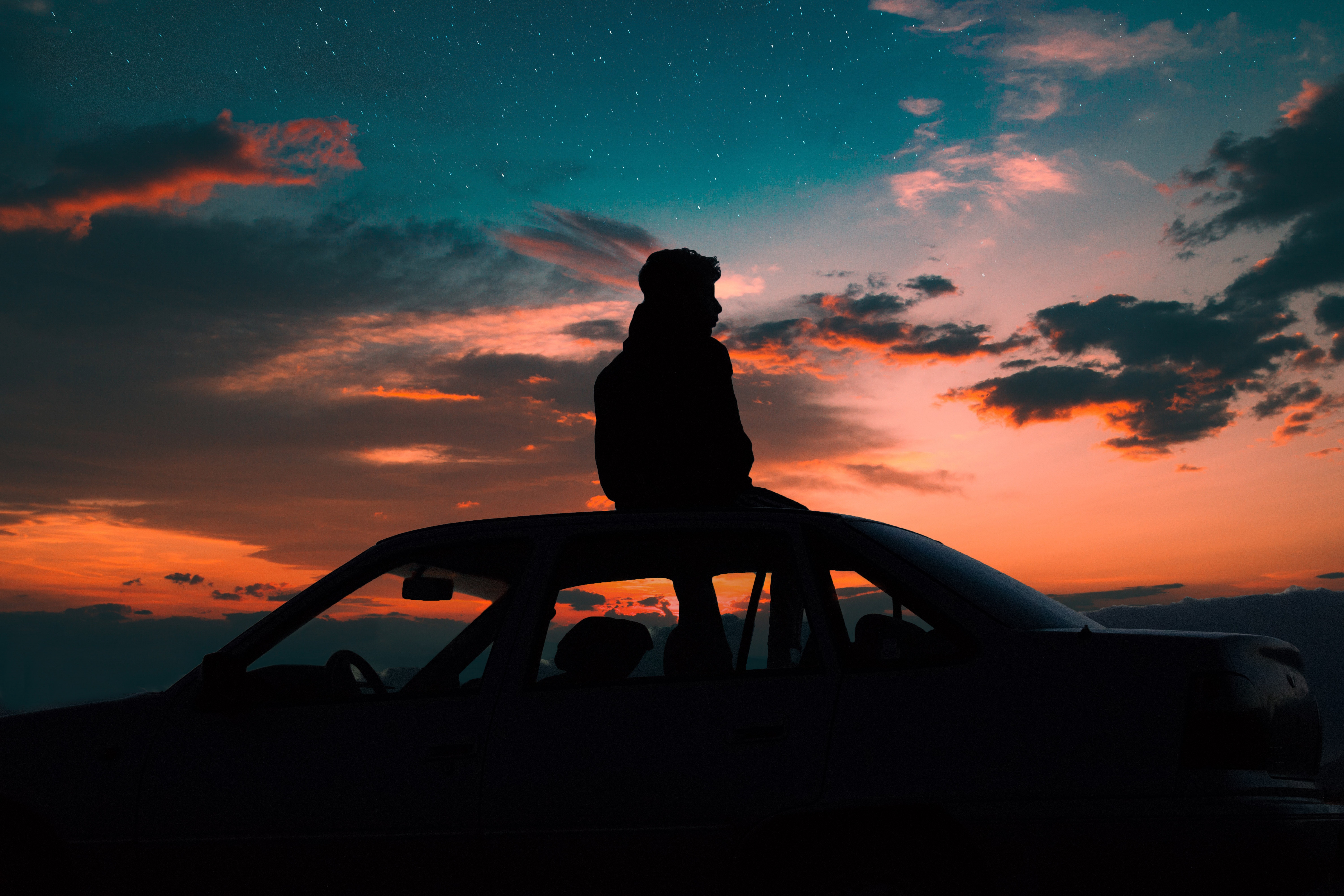 person, loneliness, dark, privacy, seclusion, car, starry sky, human download HD wallpaper
