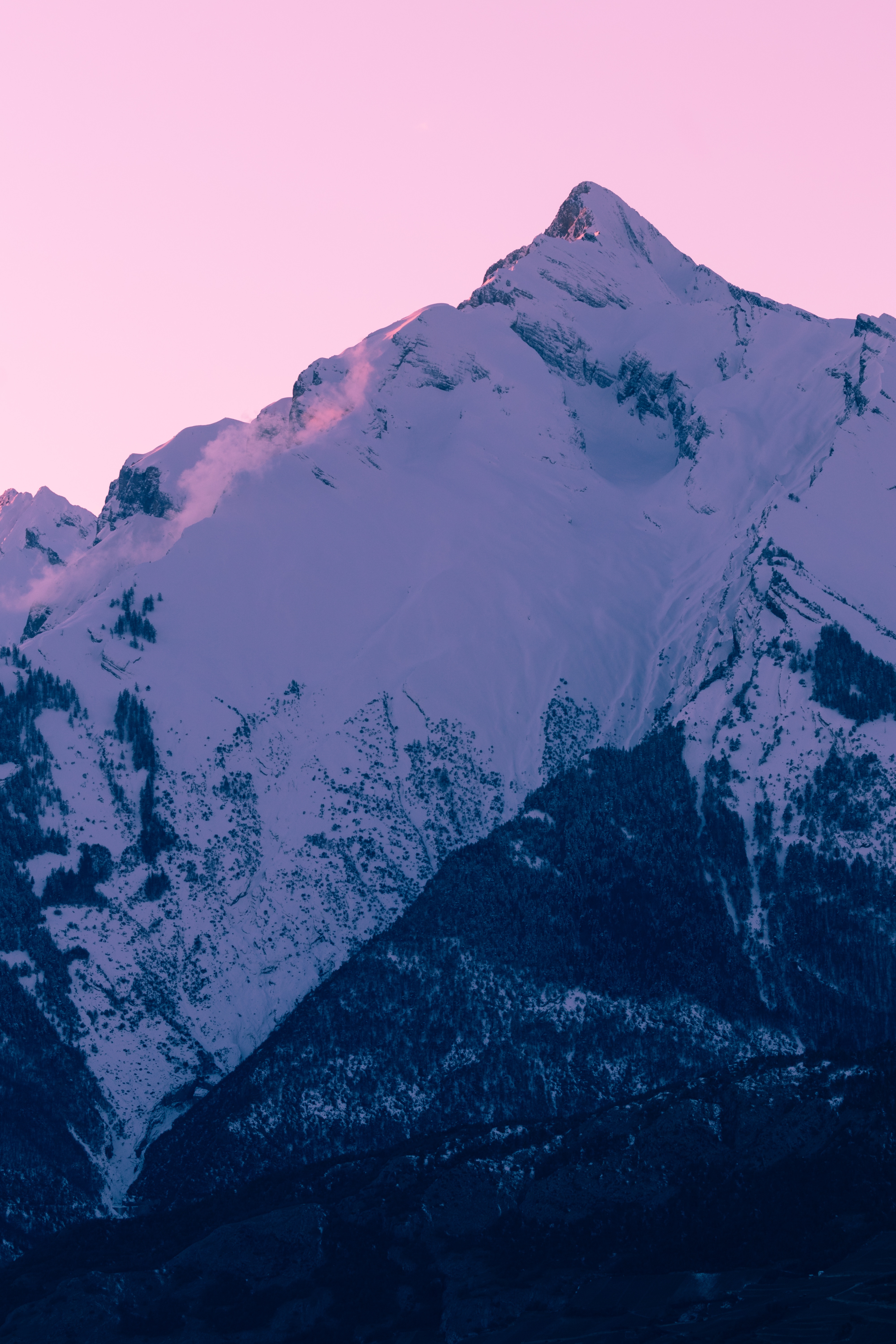 winter, nature, sunset, sky, pink, snow, mountain, peak 1080p