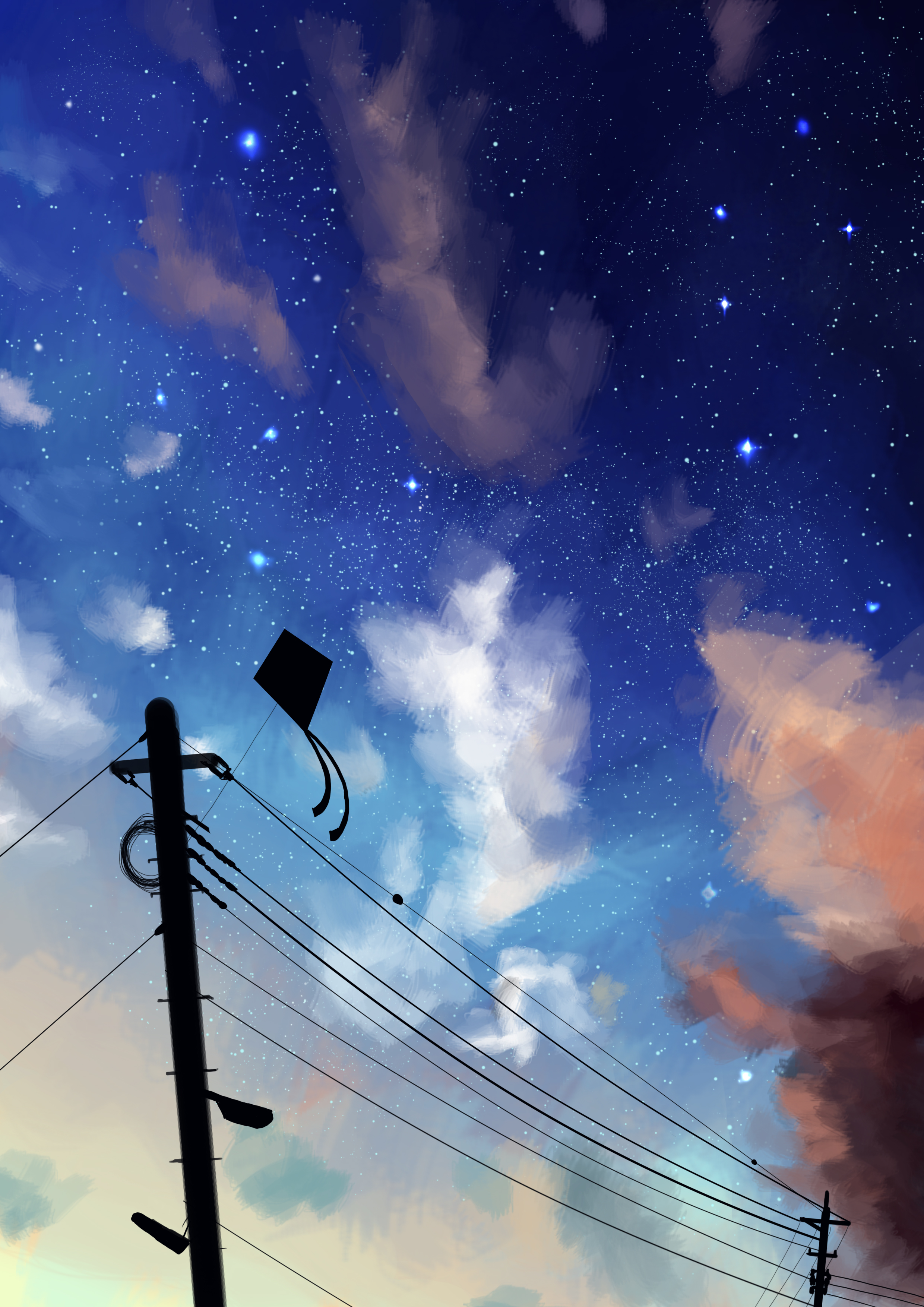 night, sky, art, clouds, wires, wire, kite