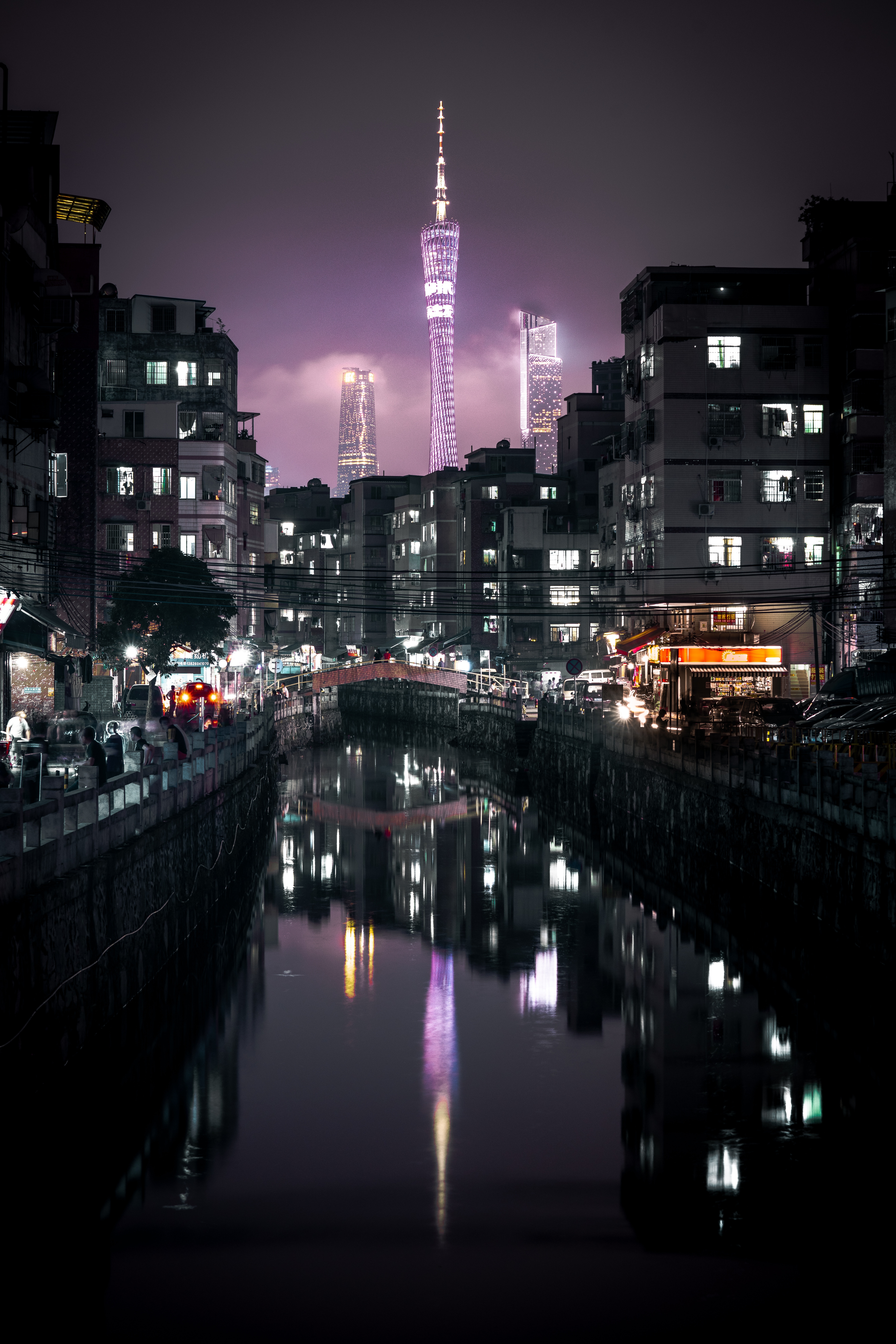 night city, reflection, quay, embankment, cities, lights, building, channel, architecture