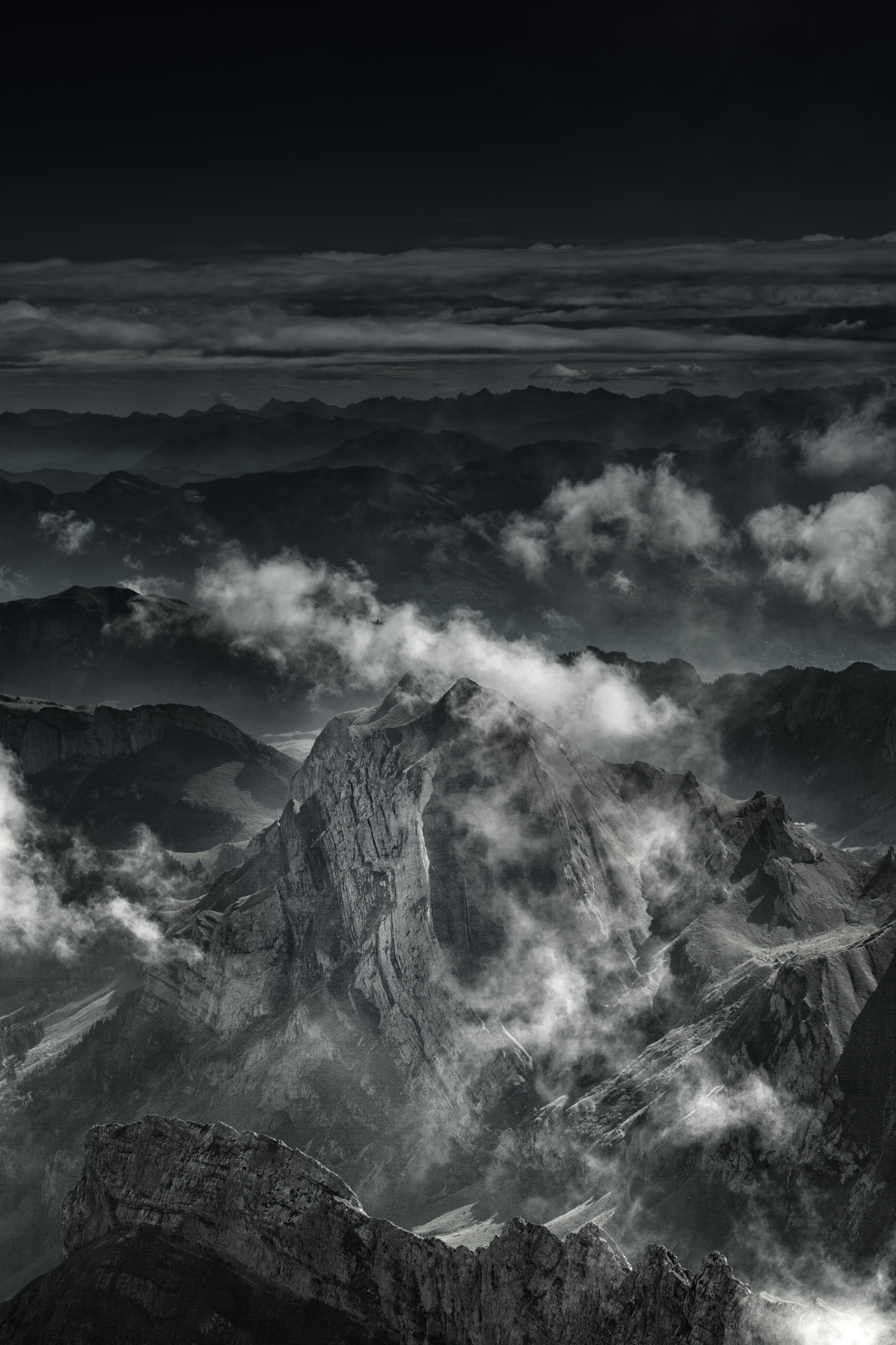 grey, nature, mountains, clouds, vertex, top, fog