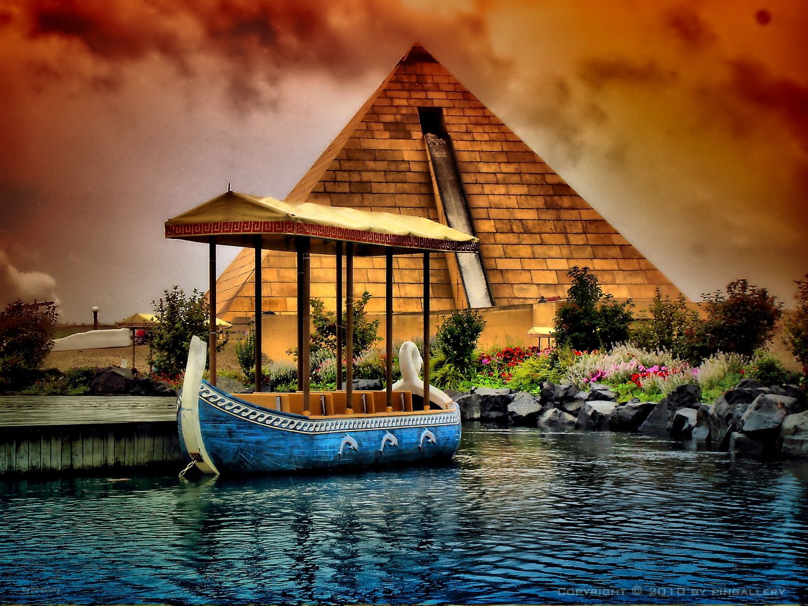 Laden Sie das Natur, Flüsse, Ein Boot, Boot, Pyramide-Bild kostenlos auf Ihren PC-Desktop herunter