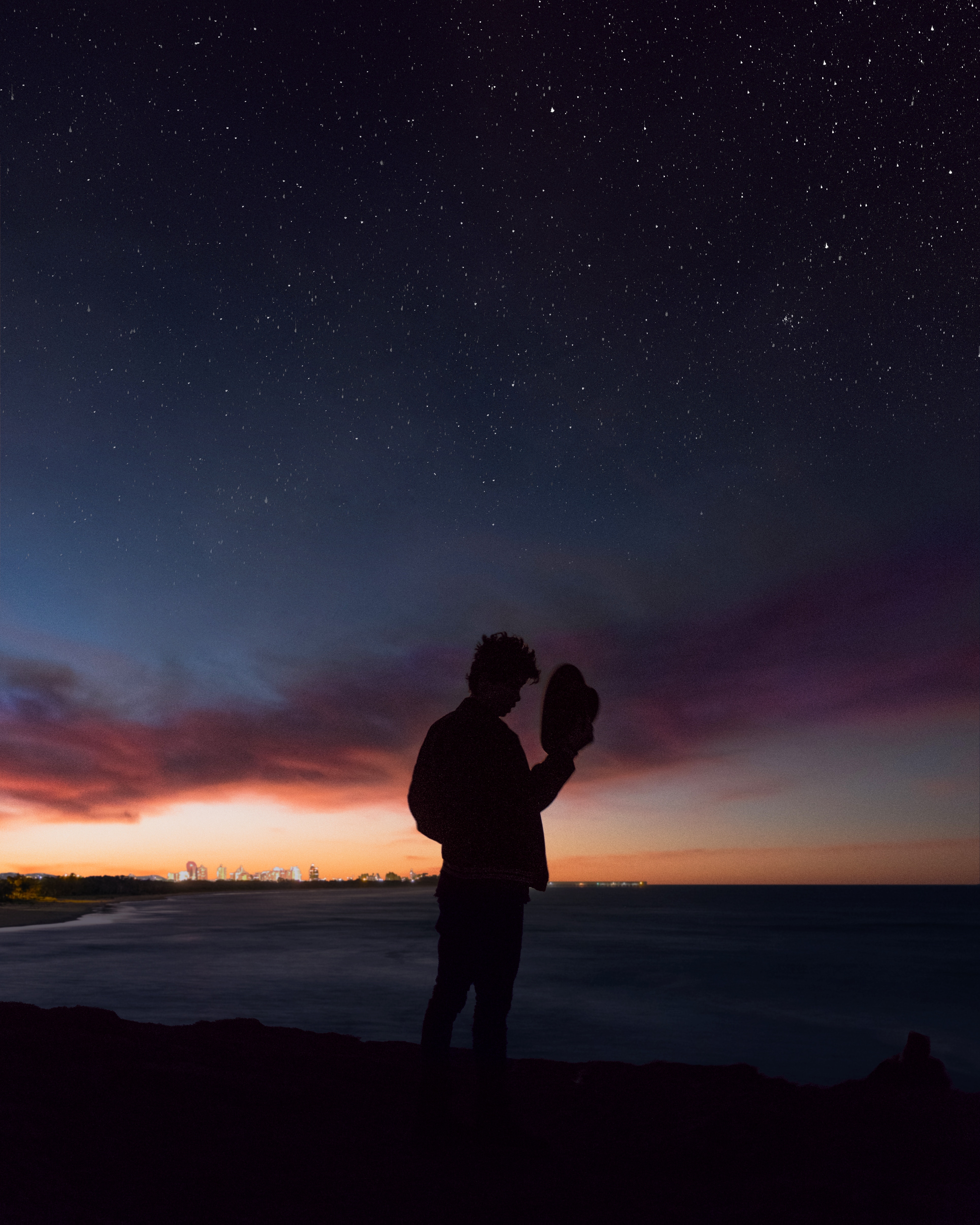 privacy, hat, loneliness, dark, horizon, silhouette, seclusion, starry sky HD wallpaper