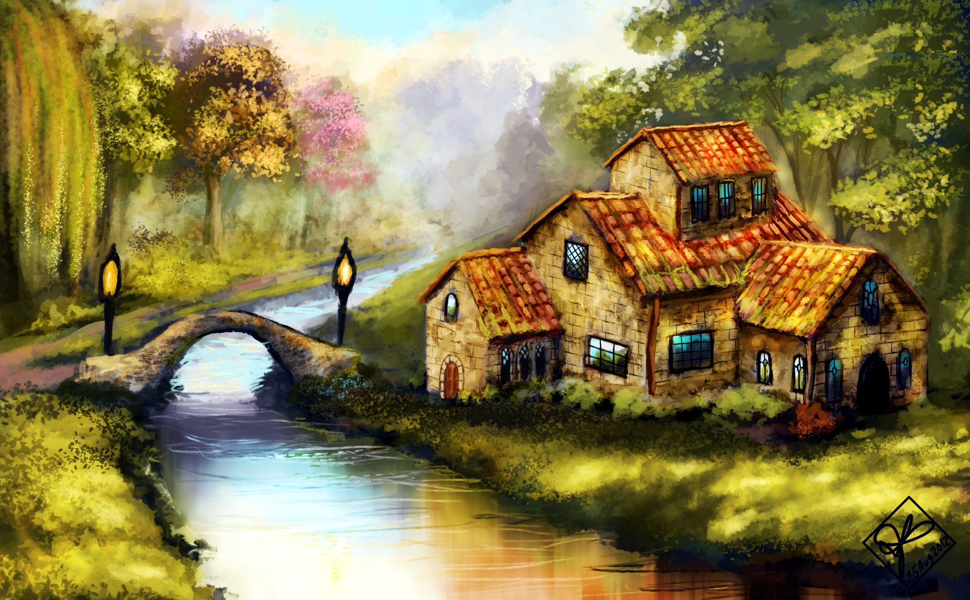 Река домов картина. Сказочный пейзаж. Красивый пейзаж с домиком. Сказочный дом. Картины с домиками.