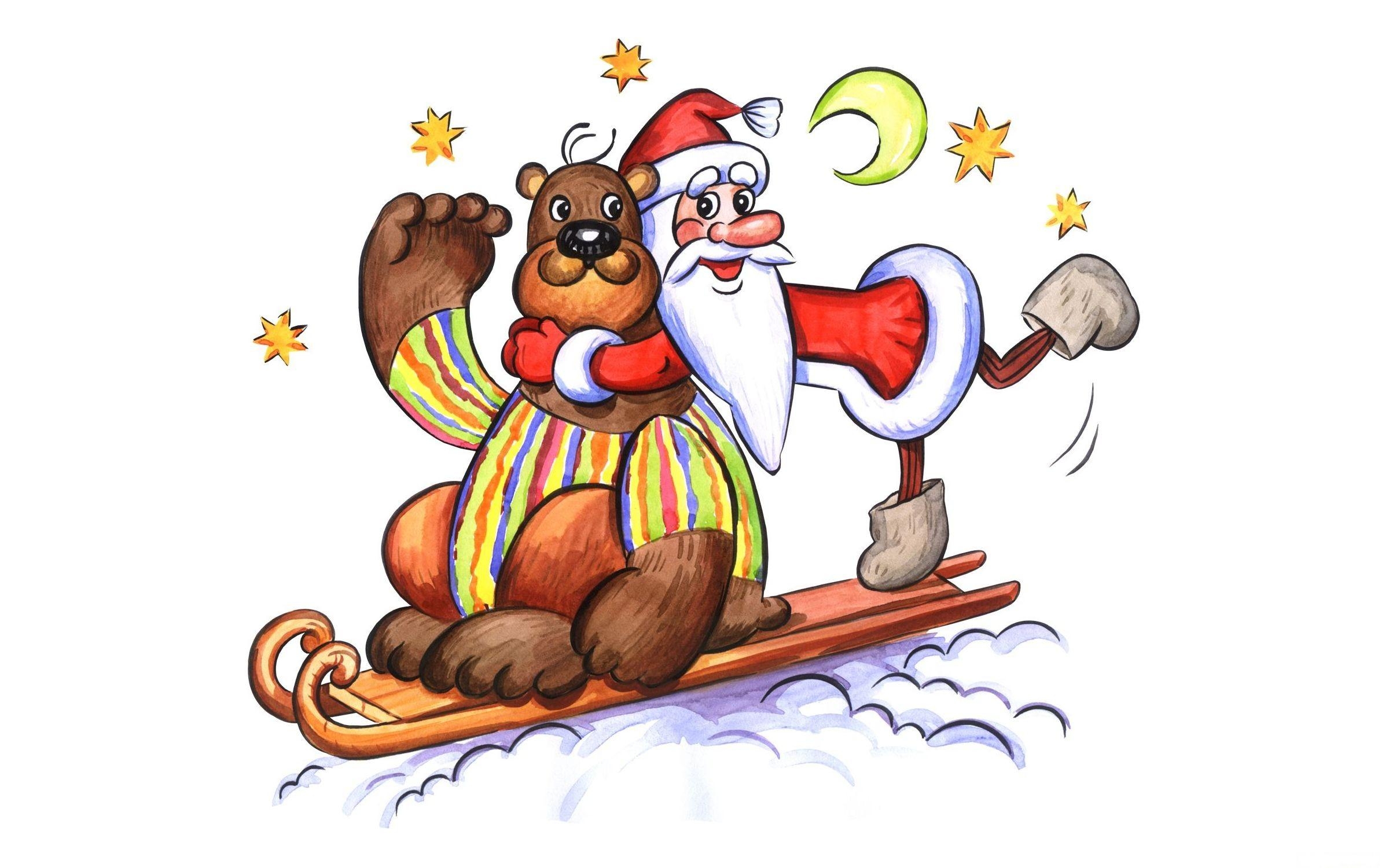 holidays, stars, jack frost, moon, holiday, bear, postcard, sleigh, sledge