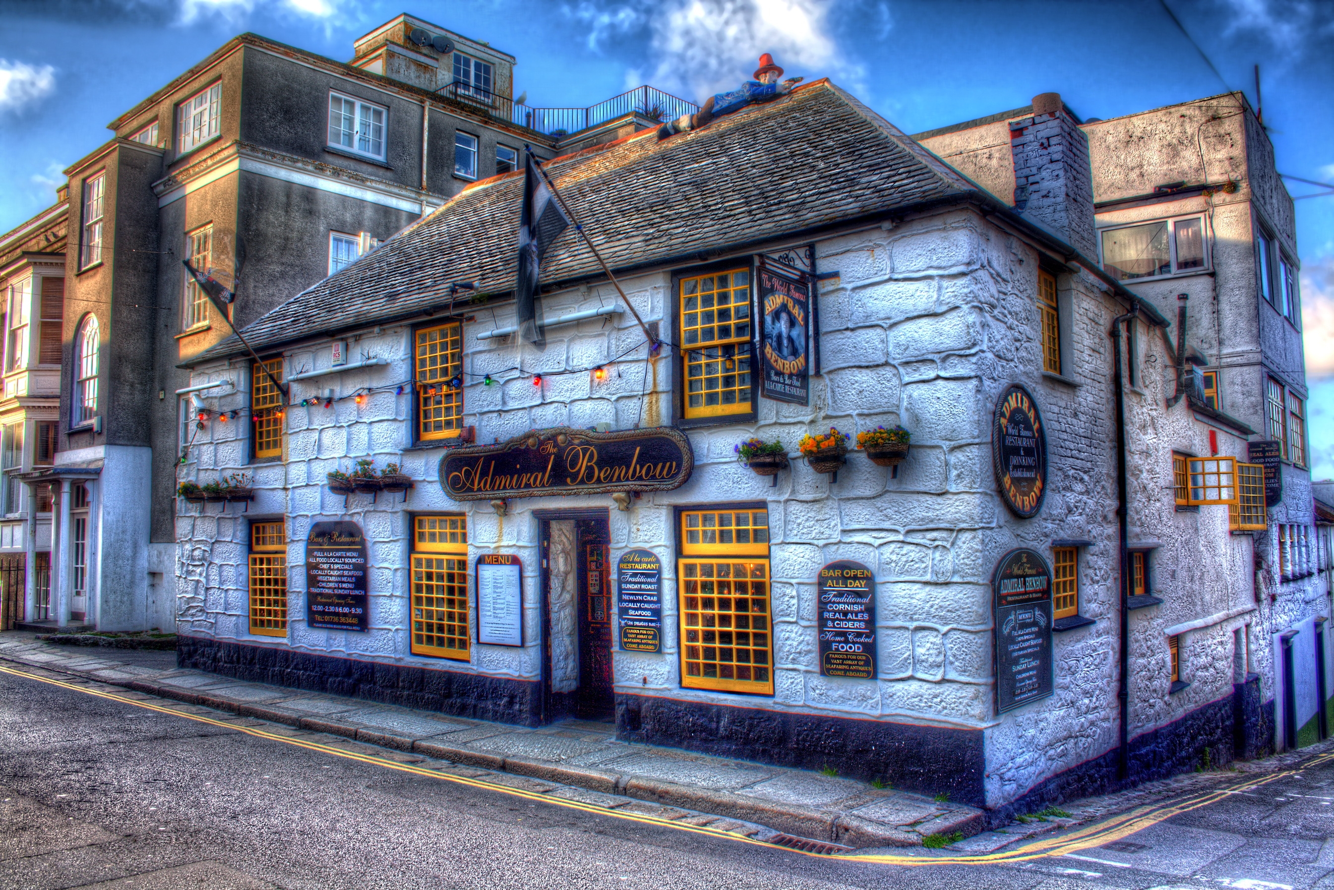 cities, great britain, hdr, united kingdom, england, tavern, admiral benbow, penzance 1080p