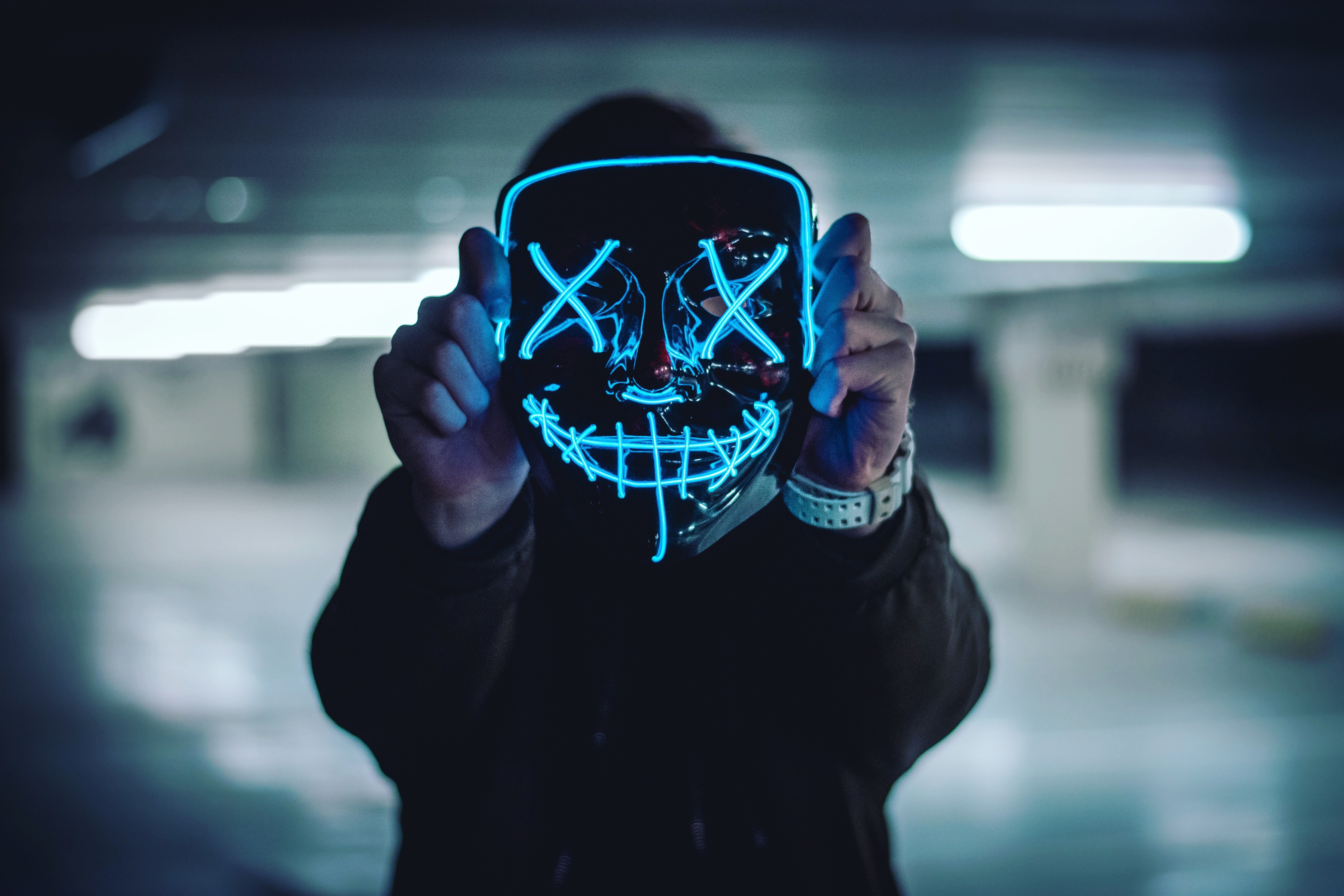 mask, anonymous, miscellanea, miscellaneous, neon, hands 8K