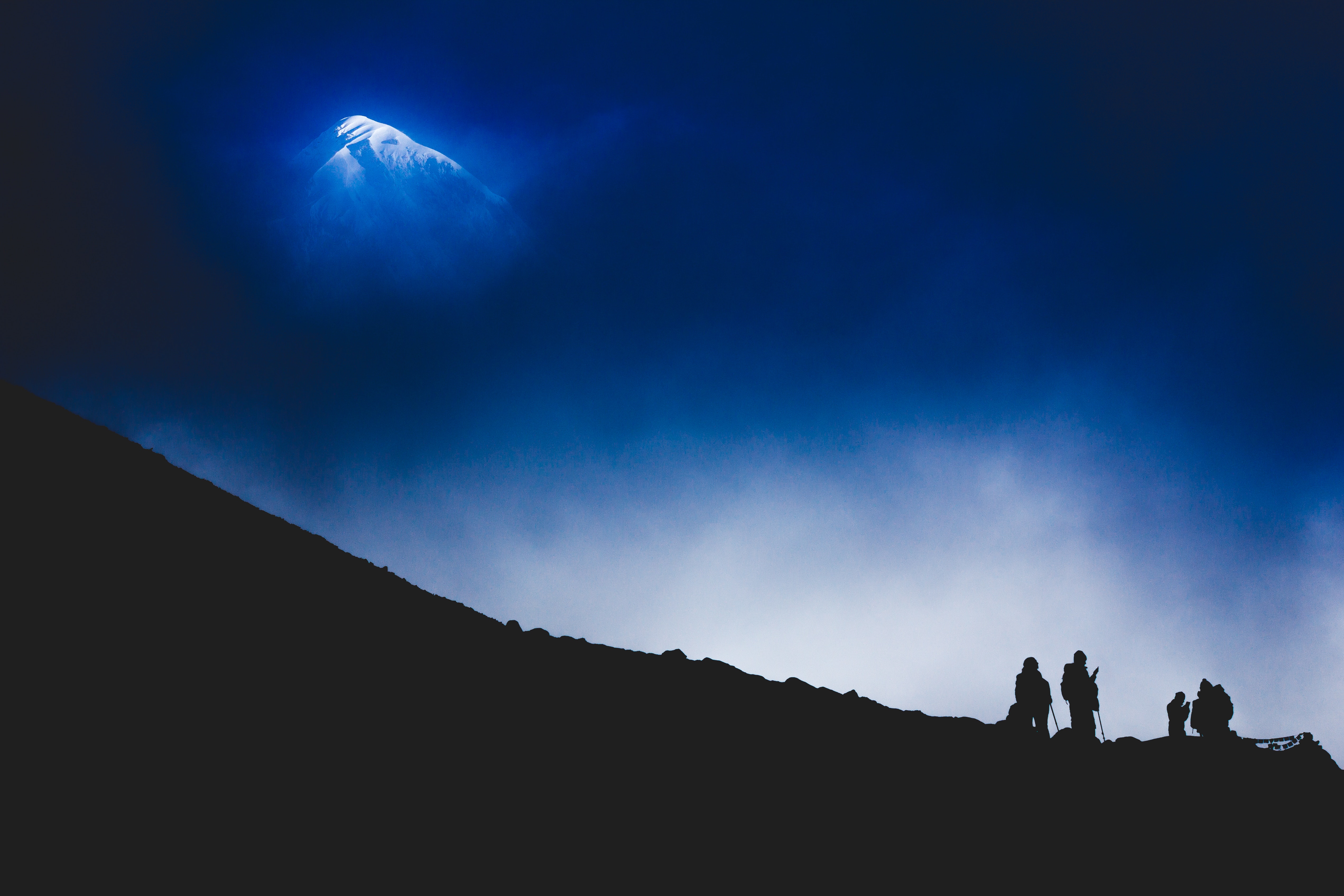 night, climbers, mountain, dark, silhouette, tourists