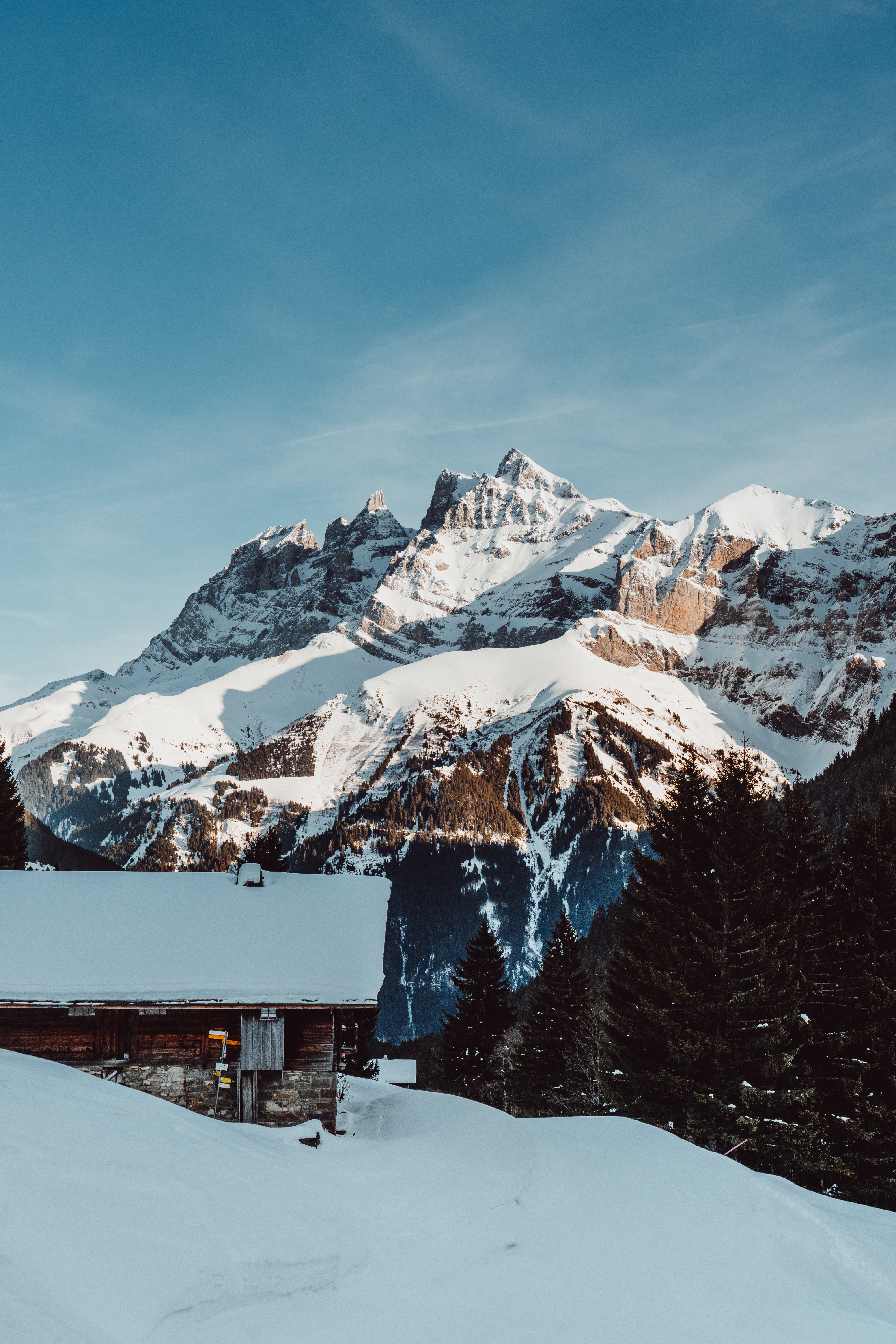 snow, nature, mountains, small house, lodge, france, resort, morzine