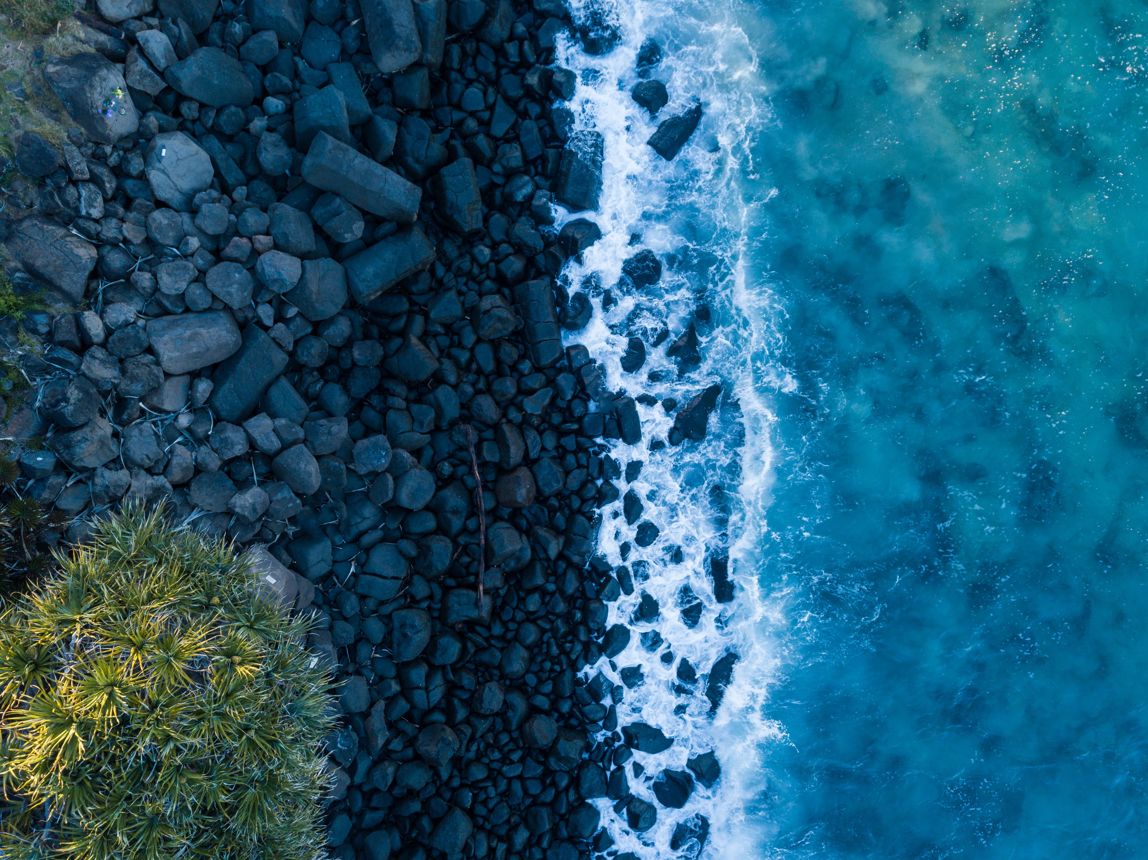 view from above, shore, ocean, bank, stones, surf, nature 2160p