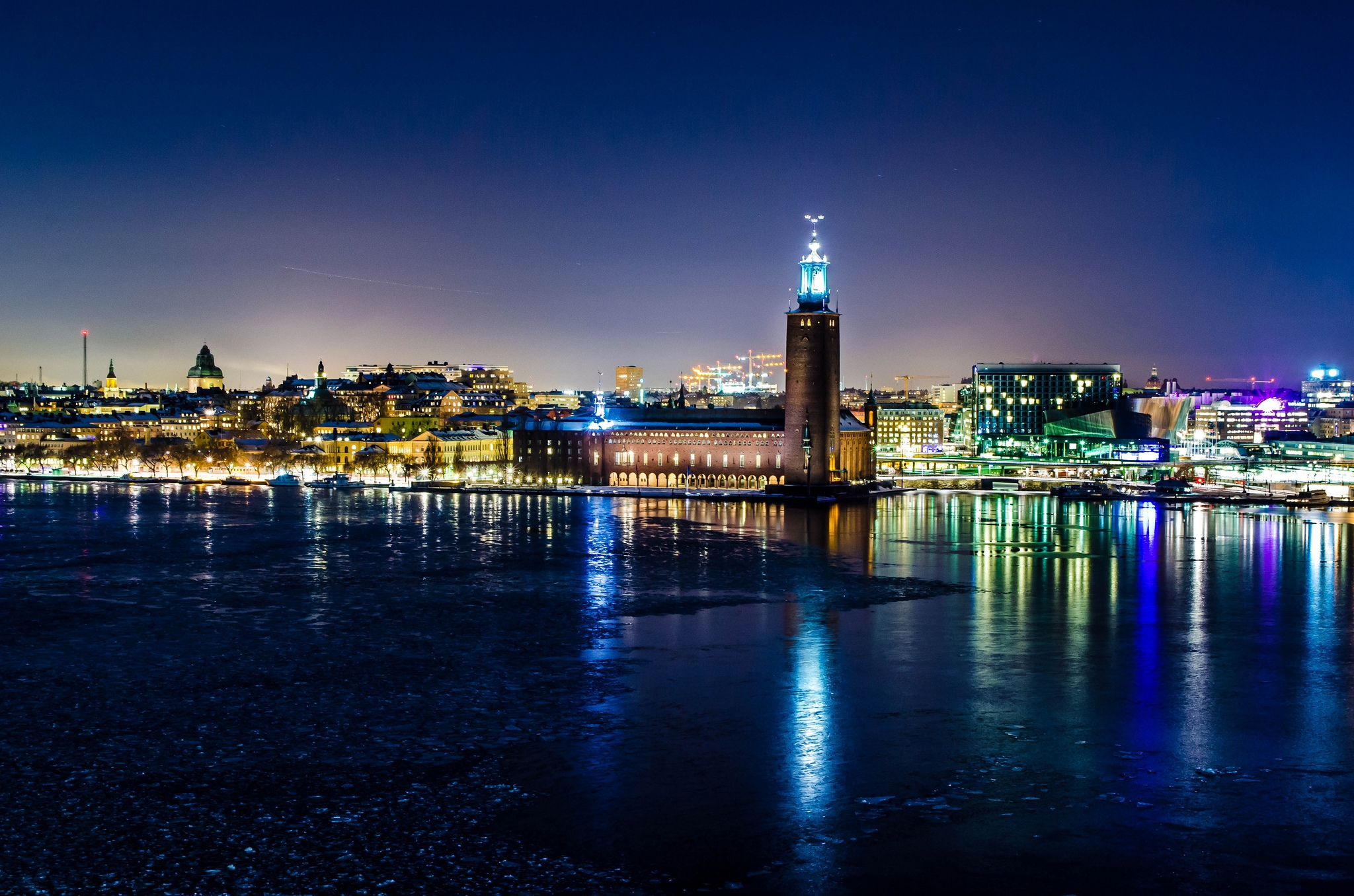 sweden, cities, winter, night, lights, reflection, stockholm, town hall