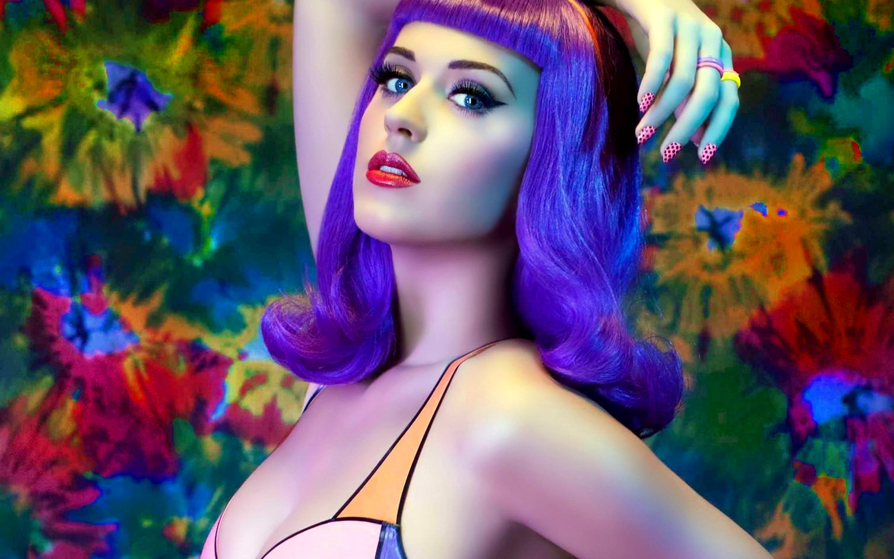 katy perry, music, blue eyes, purple hair, ring, singer HD wallpaper