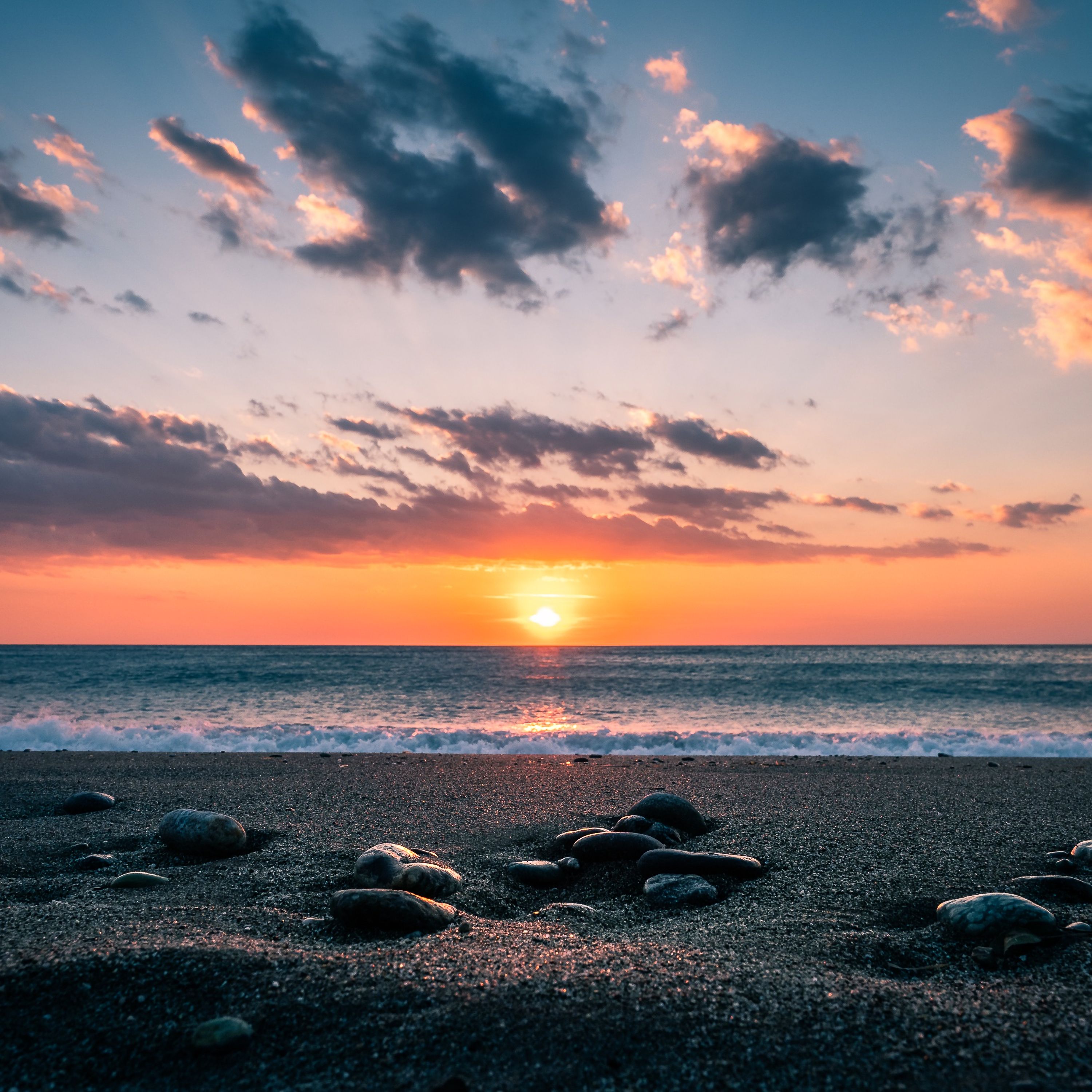 sunset, horizon, nature, sea, bank, sky, shore, stones wallpapers for tablet