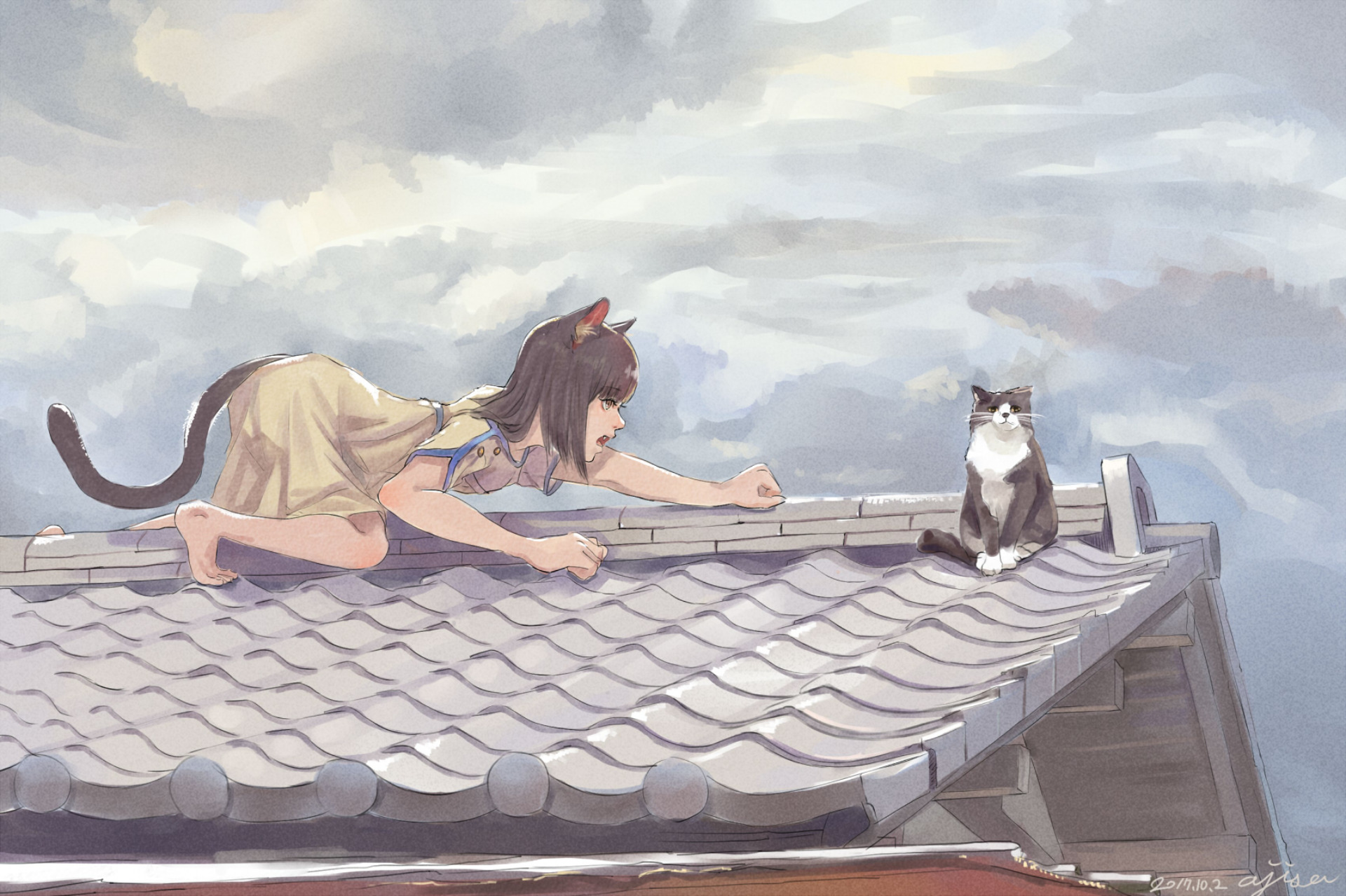 HD desktop wallpaper: Anime, Cat, Cloud, Tail, Original, Cat Girl, Rooftop  download free picture #906080