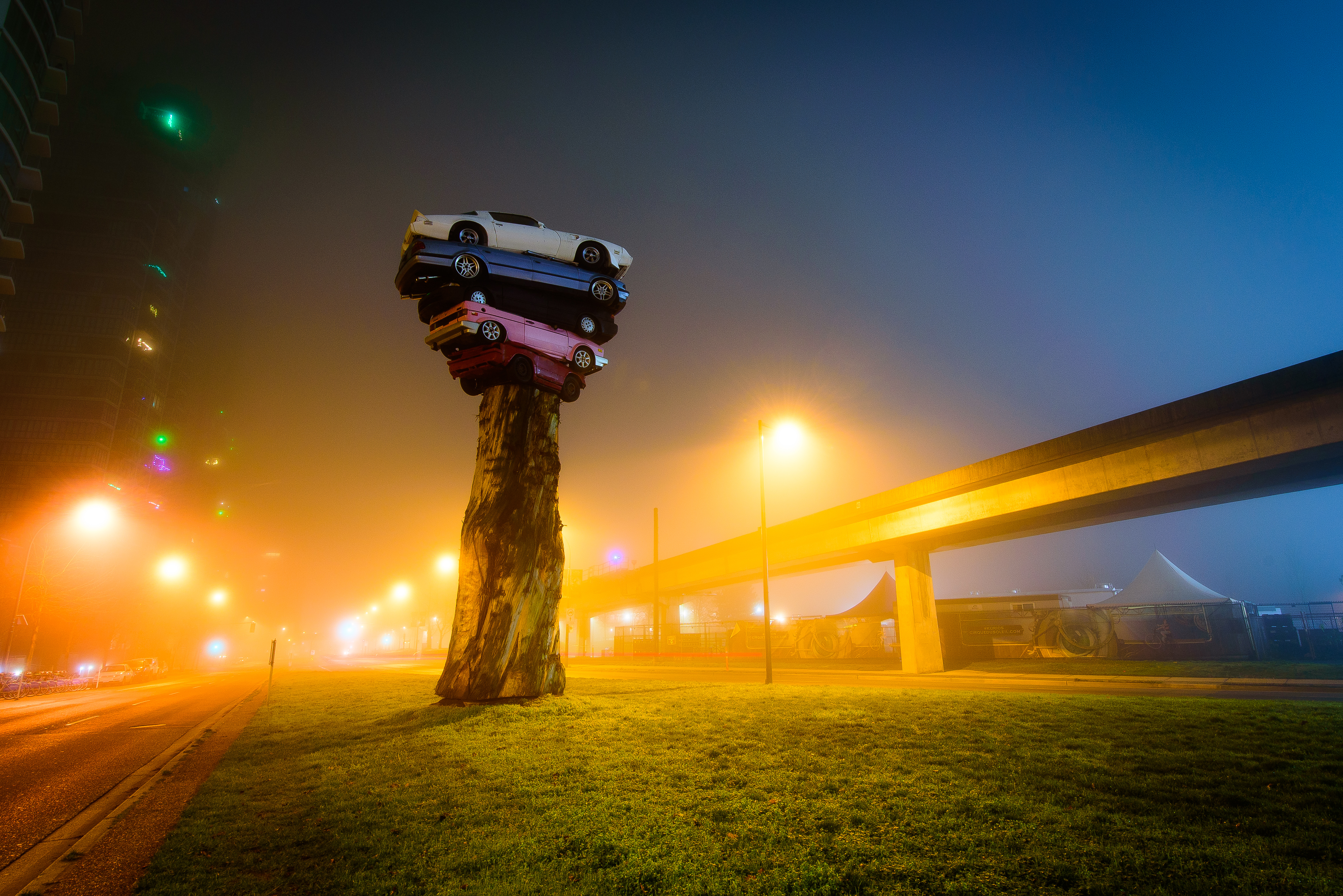 cars, wood, tree, fog, night city, vancouver, installation, trans am totem, art object wallpaper for mobile