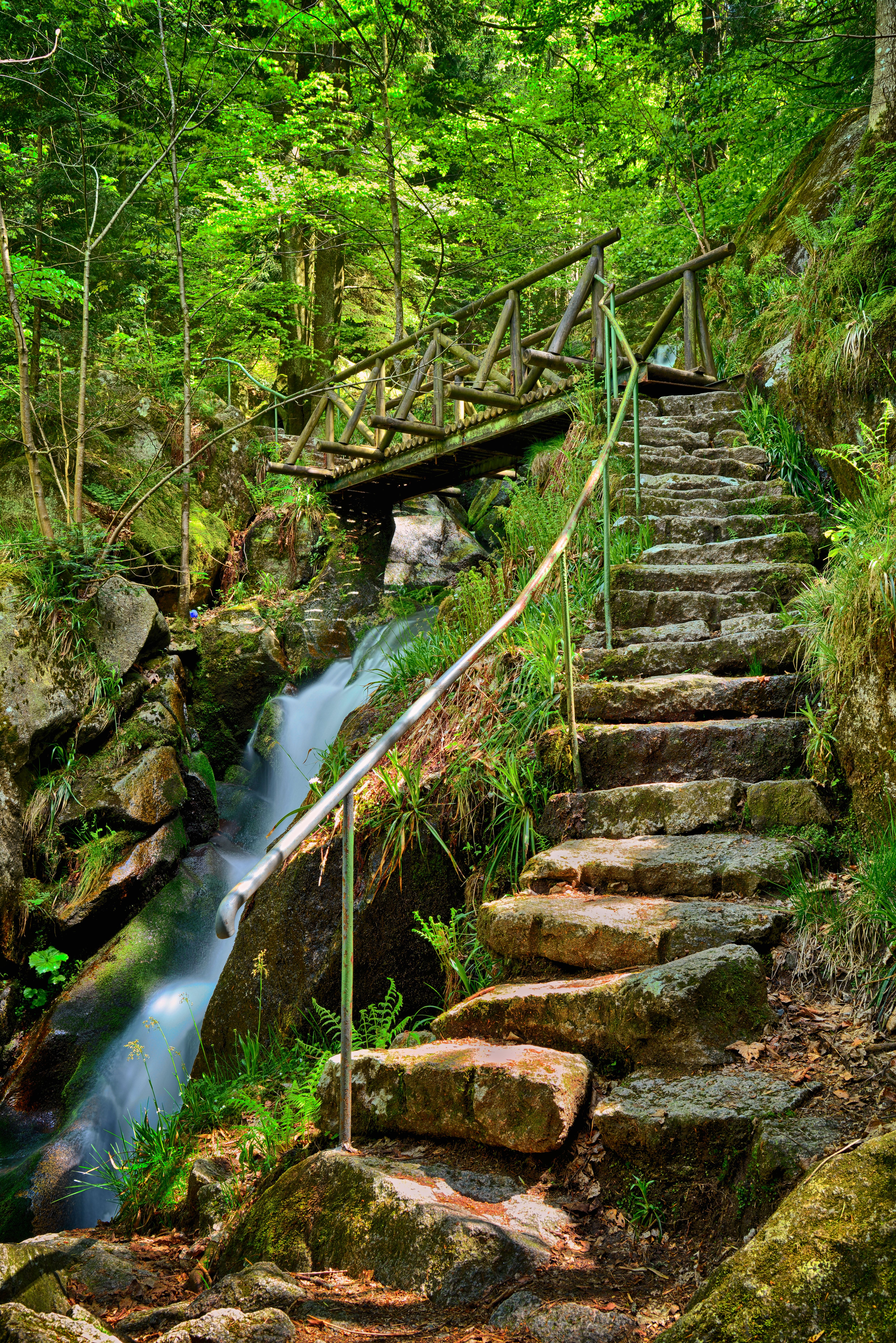 bridge, waterfall, steps, brook, stones, creek, nature iphone wallpaper
