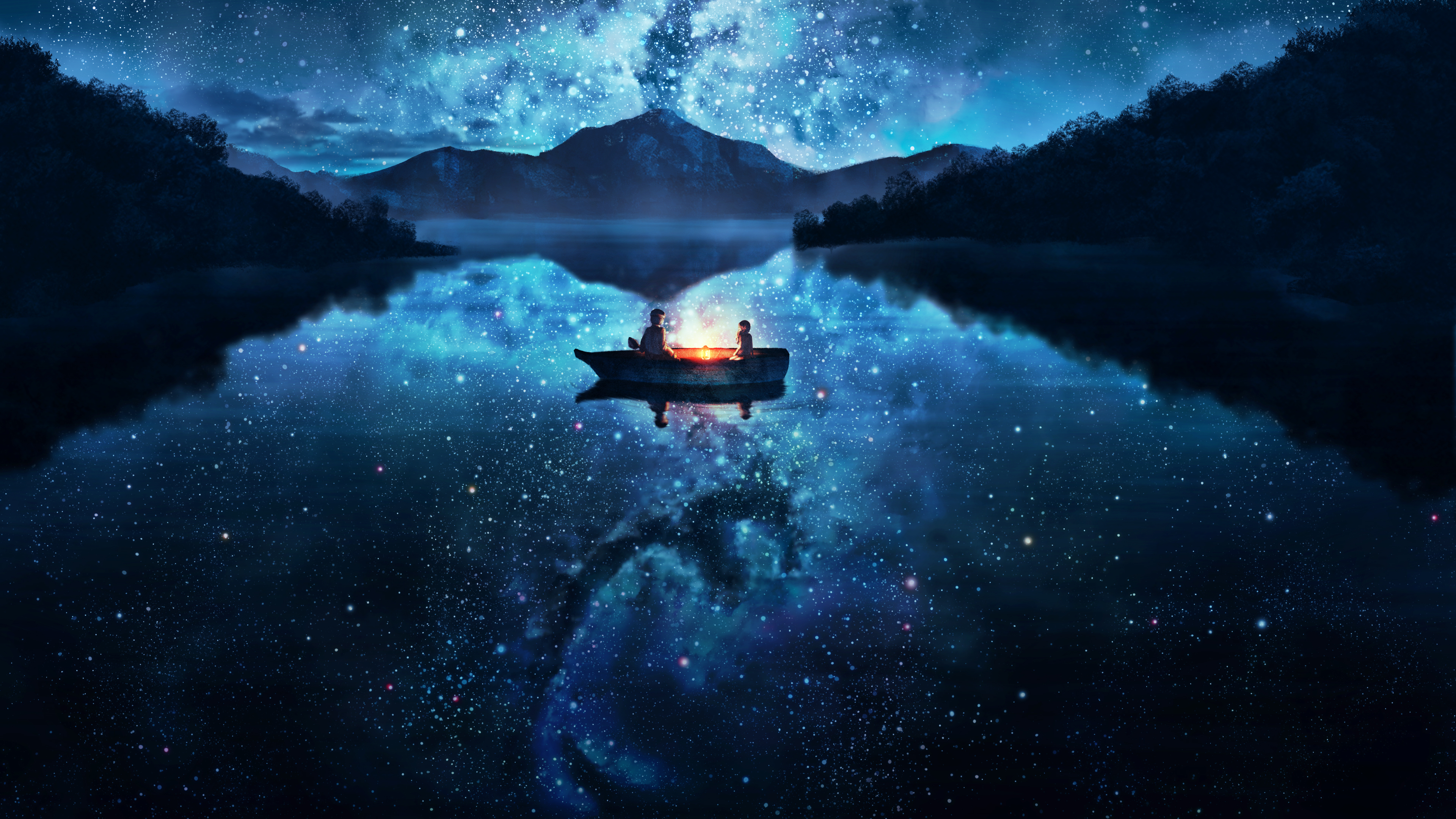 anime, night, lake, reflection, starry sky, boat, scenic 4K Ultra