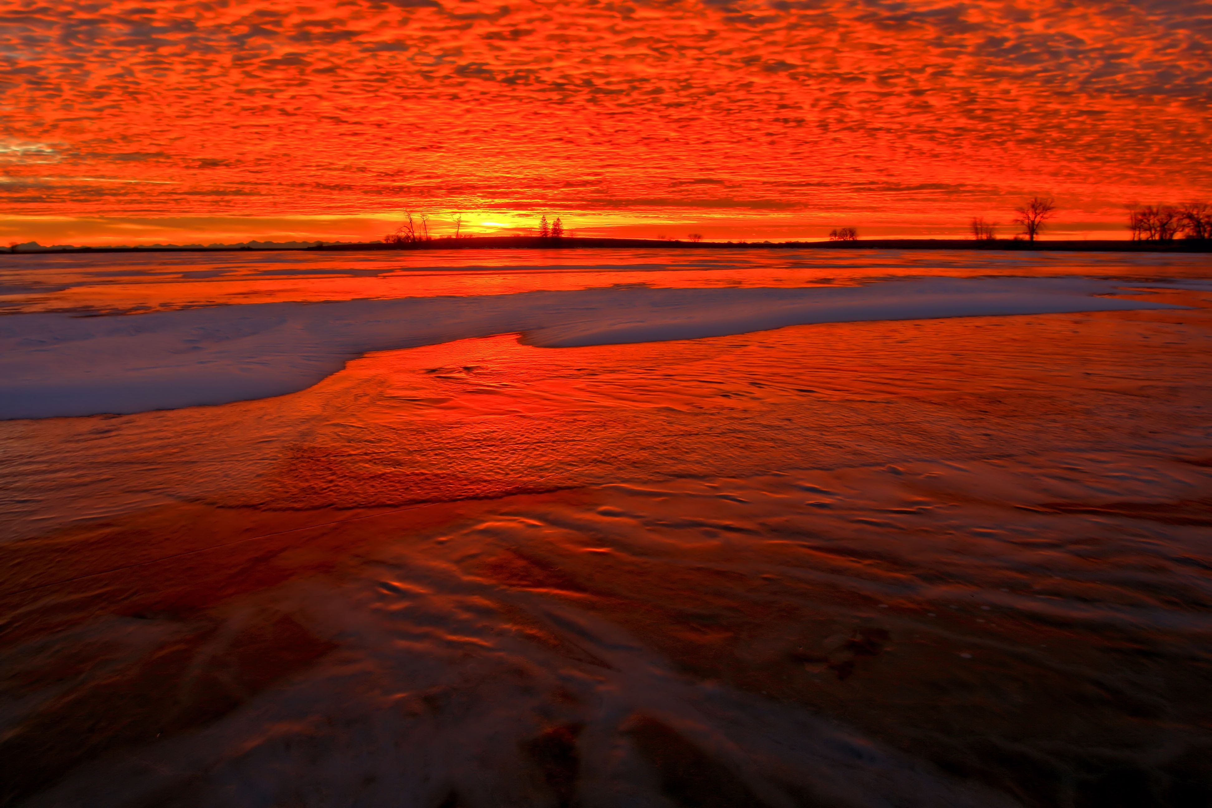 sunset, nature, snow, horizon, shore, bank, fiery Full HD