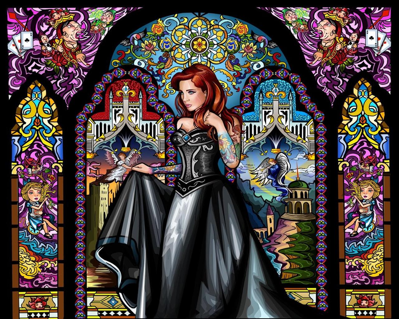 fantasy, women, alice (alice in wonderland), stained glass