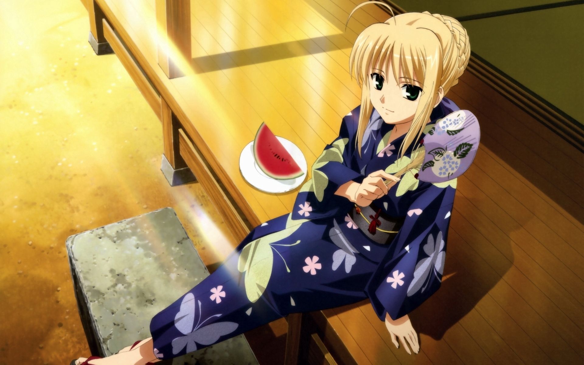 140679 Hintergrundbild herunterladen anime, mädchen, wassermelone, blond, kimono, lobule, nelke, ventilator, fan - Bildschirmschoner und Bilder kostenlos