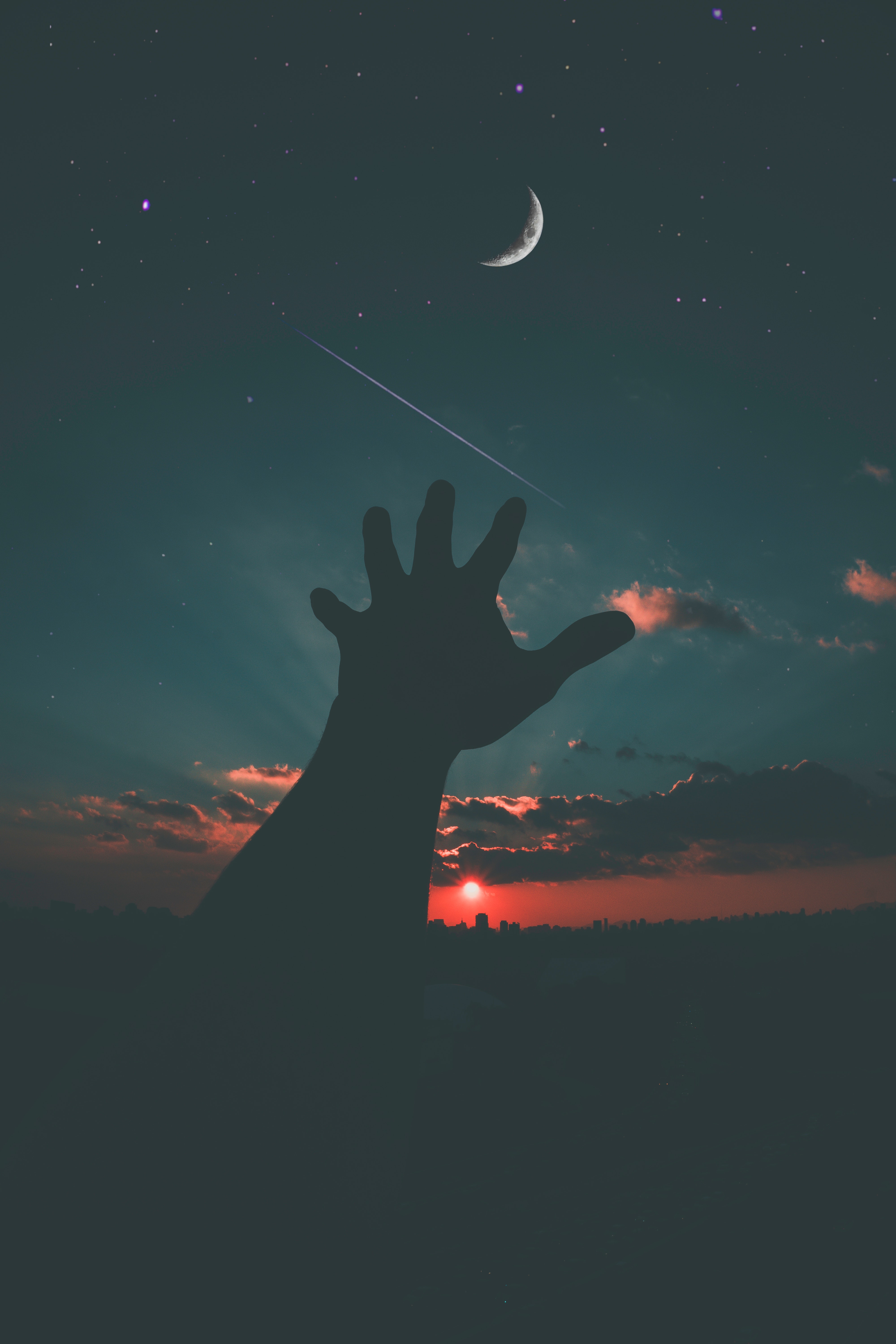 Download mobile wallpaper Moon, Sky, Starry Sky, Hand, Night, Dark for free.