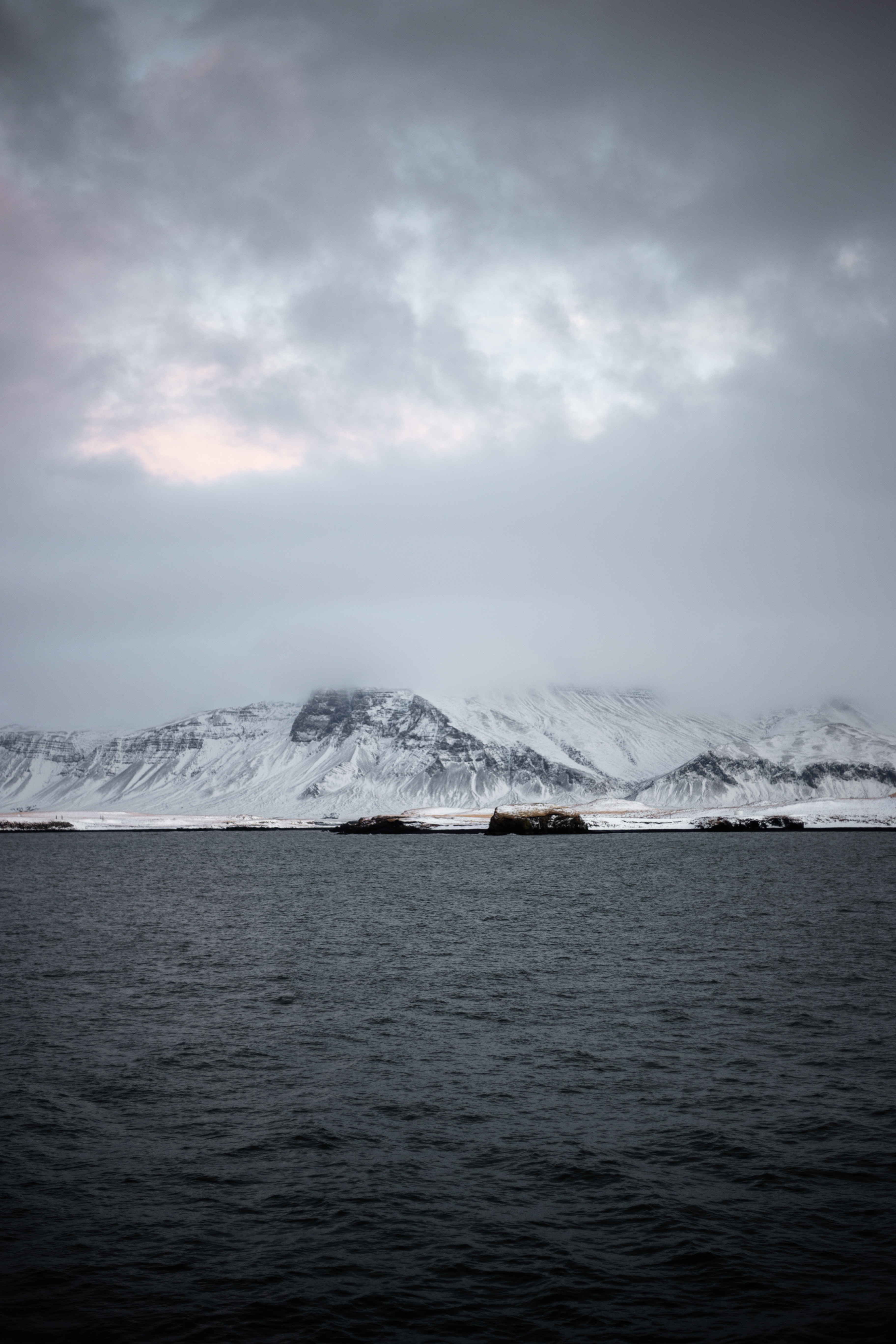 fog, sea, mountains, reykjavik Vertical Wallpapers