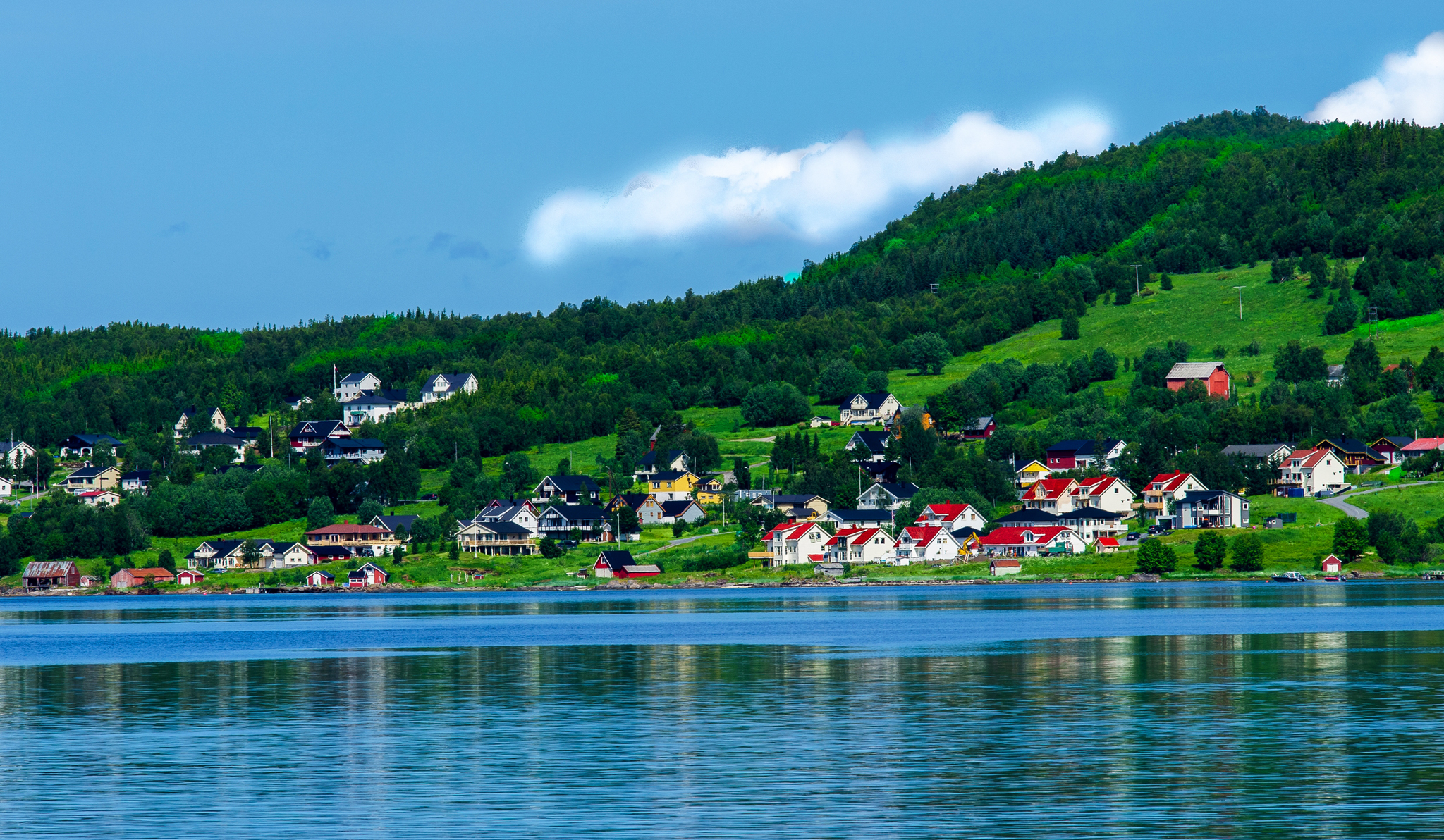 norway, nature, houses, mountains, bay 2160p