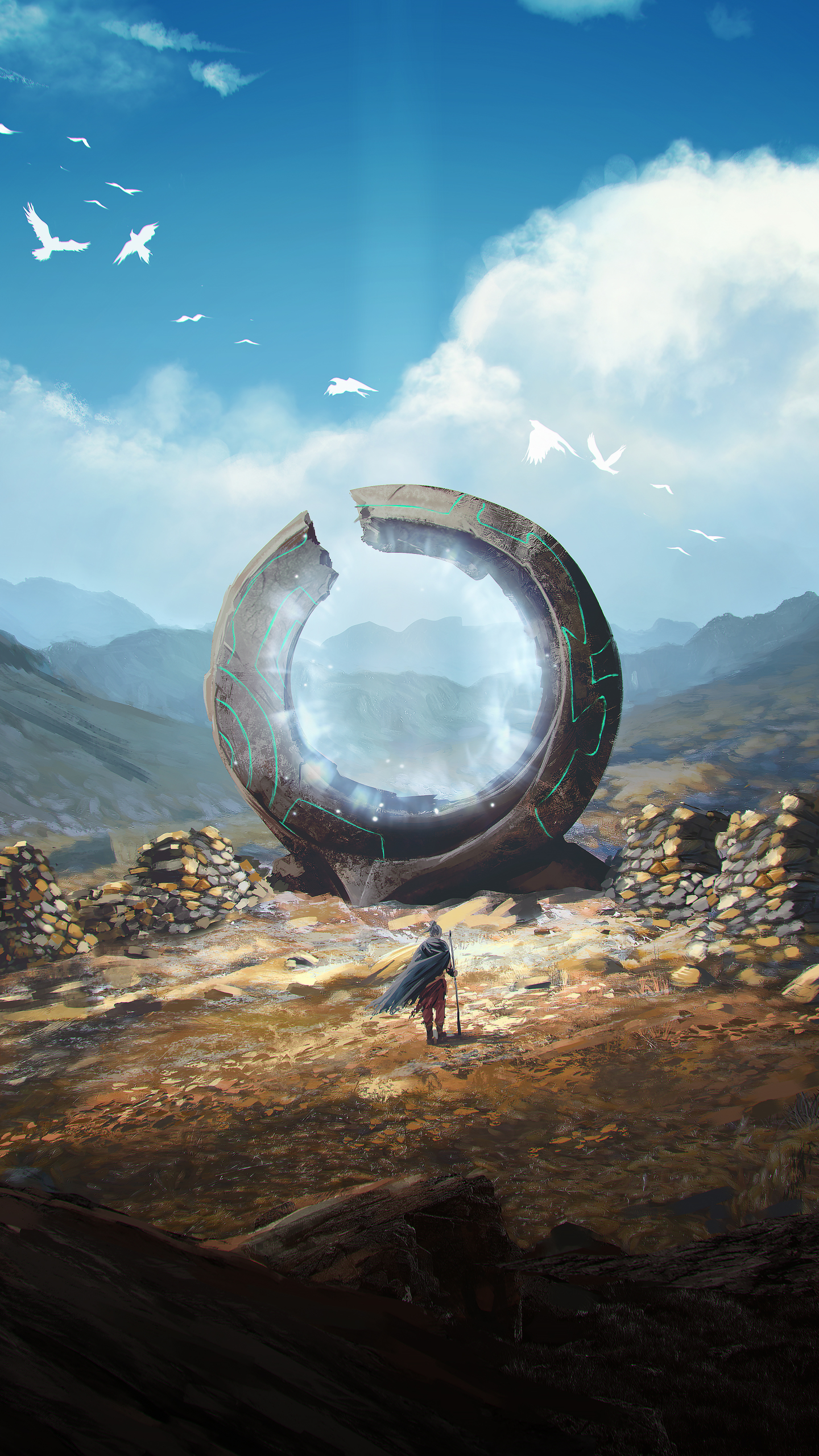 fantasy, portal, mountain, traveler HD wallpaper