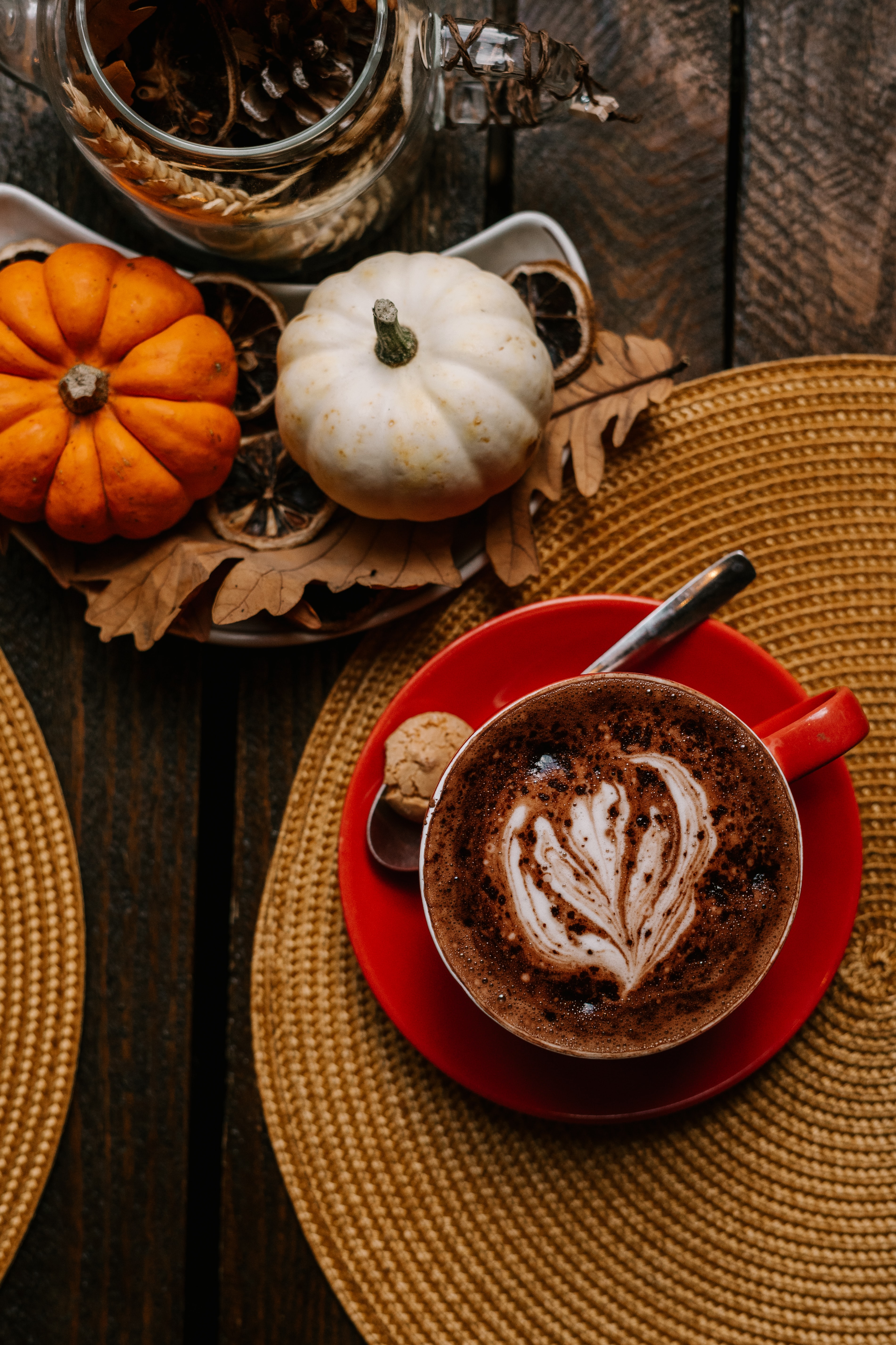 pumpkin, cup, coffee, food, leaves, orange, lobules, slices