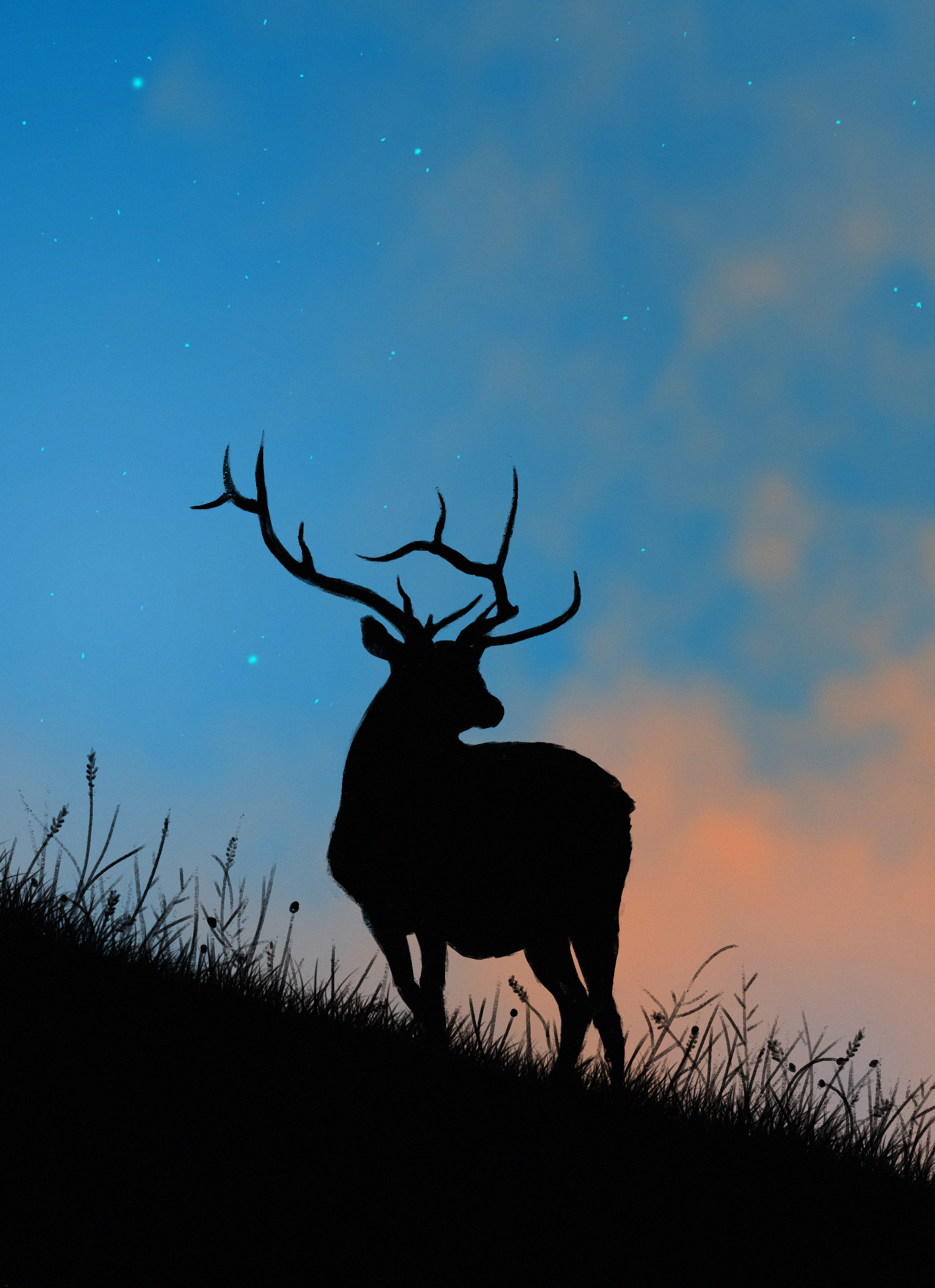 art, horns, deer, stars, twilight, silhouette, dusk