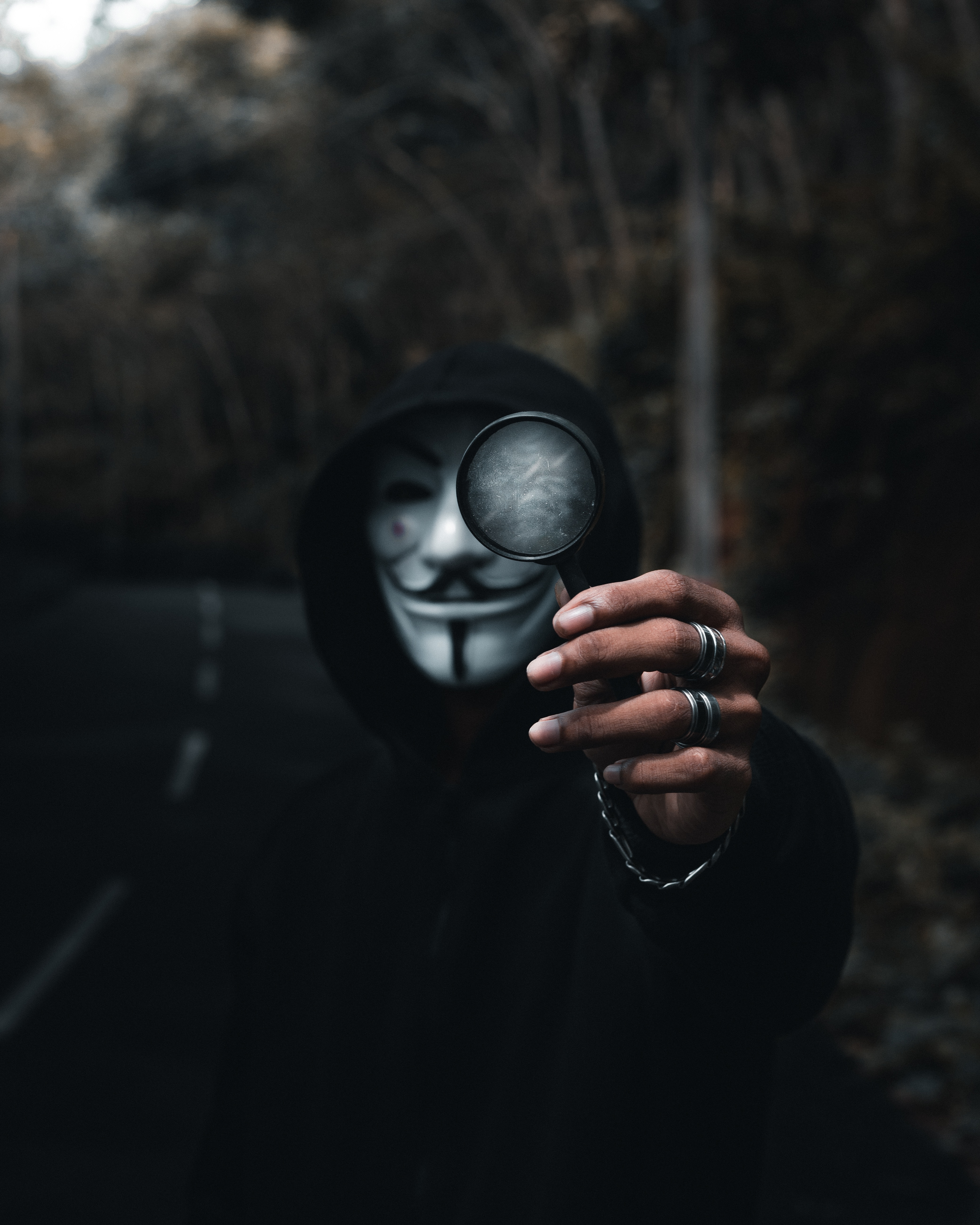 anonymous, mask, magnifier, hand, miscellanea, miscellaneous, human, person 8K