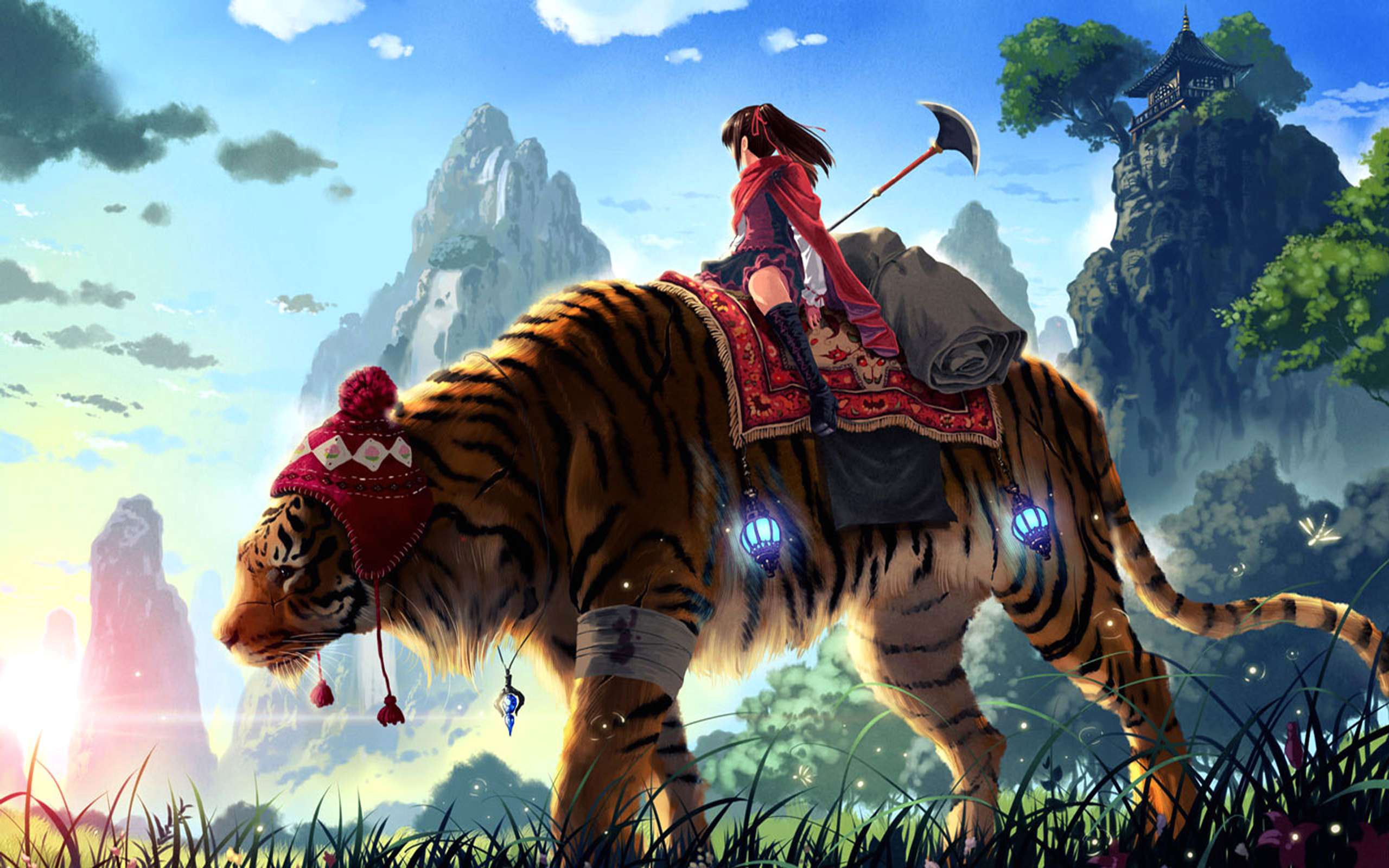 animal, tiger, bandage, skirt, boots, weapon, cape, necklace, hat, sunlight, lantern, brown hair, mountain, anime 8K