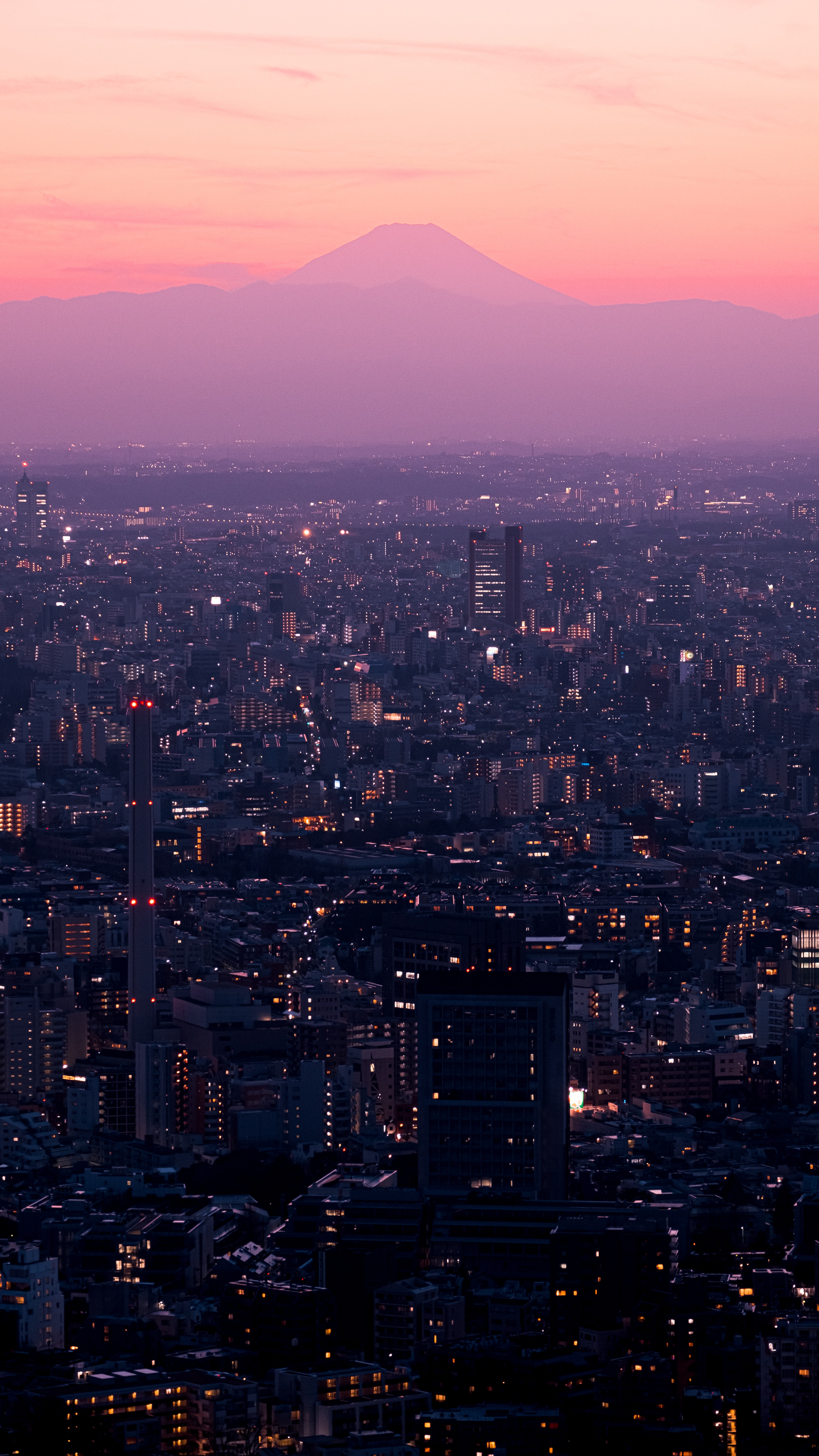 pink, cities, mountains, night city Windows Mobile Wallpaper